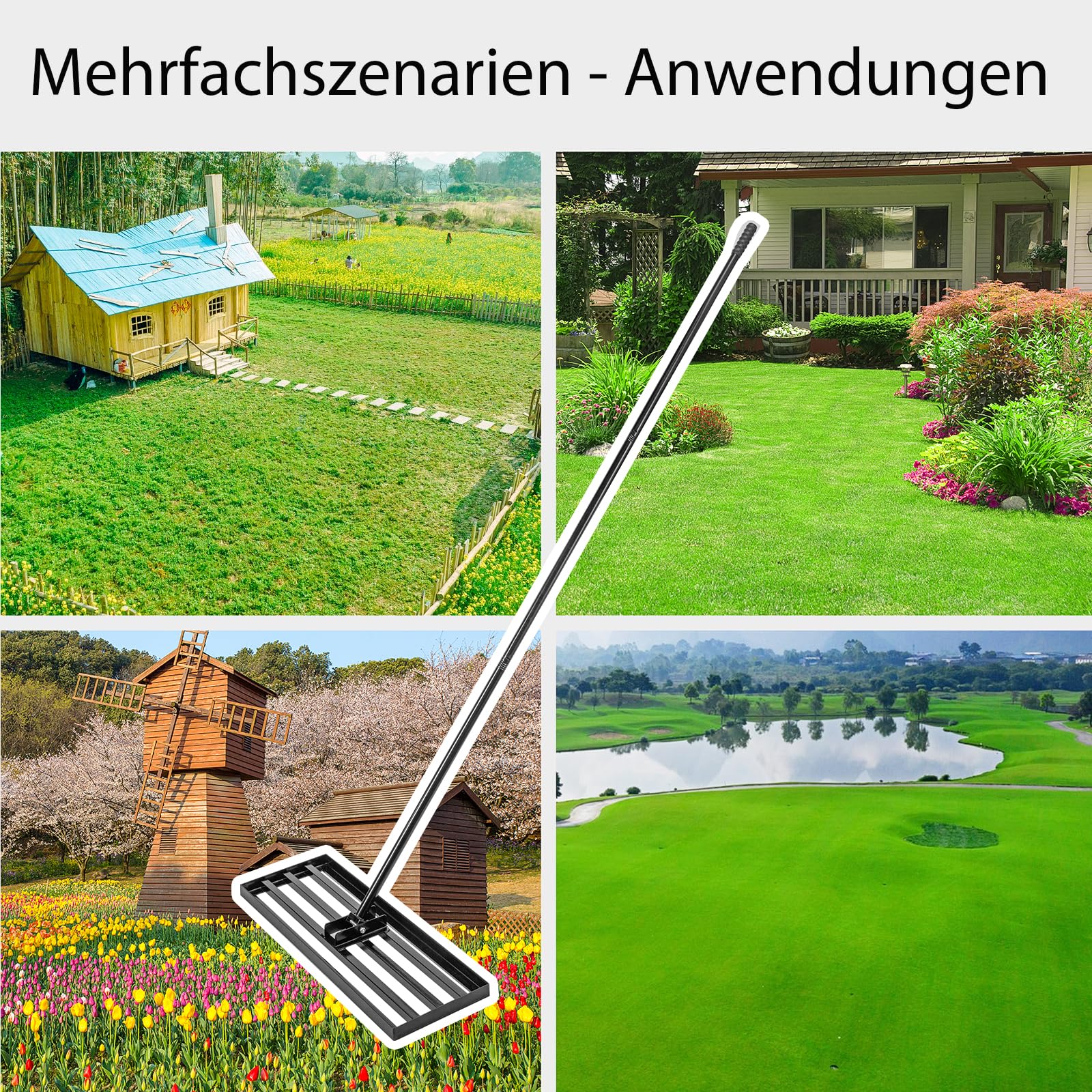 Lawn Levelling Rake 76 x 25 x 229cm, Rasenrechen Garden Grass Squeegee Sand Rakel Tool Scarifier with Long Handle Metal Rasen RechenRakel for Yard, Golf Course (76*25*229cm Black)