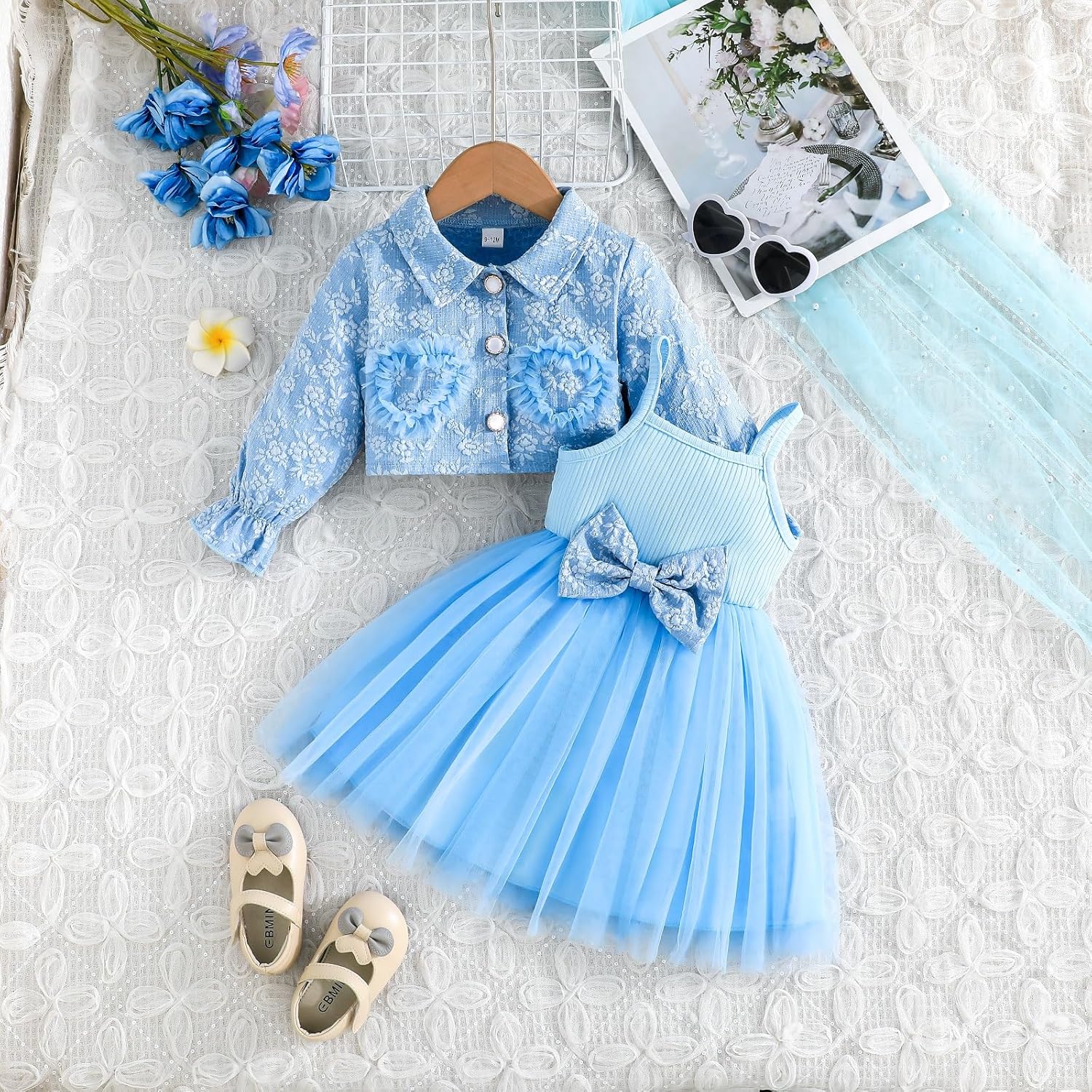 Kunyeah Baby Girl Tutu Dress with Cardigan Little Girl Tulle Sleeveless Dress Floral Lace Jacket Toddler Long Sleeve Outfit - Image 3