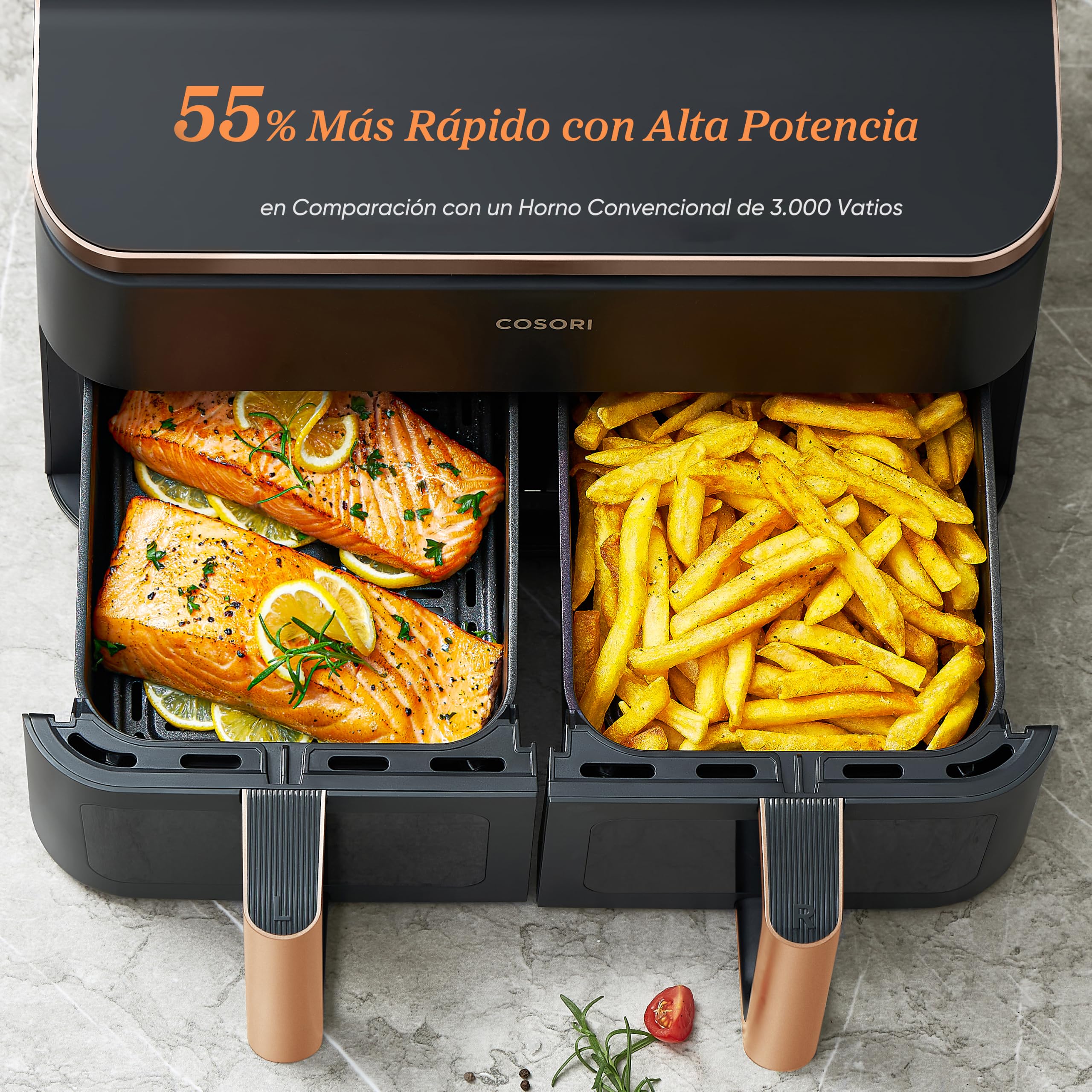Cosori Freidora de Aire 8,5L, Doble Cesta con Ventana, 10 Funciones, Oro | Ventana para Ver Fácilmente, Interior Metálico Más Seguro, 2 Platos a la Vez, Alta Potencia y 55% de Eficiencia, Bajo Ruido