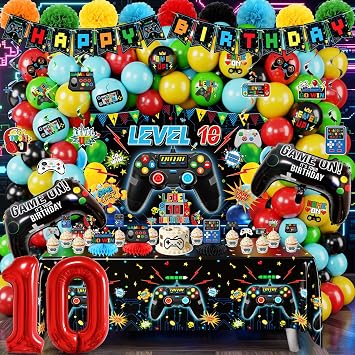 Video Game 10th Birthday Decorations for Boys - 111 PCS Level 10 Gaming Party Supplies Set with Level Up Banner, Controller Balloons, Tablecloth and Room Decor Kit
