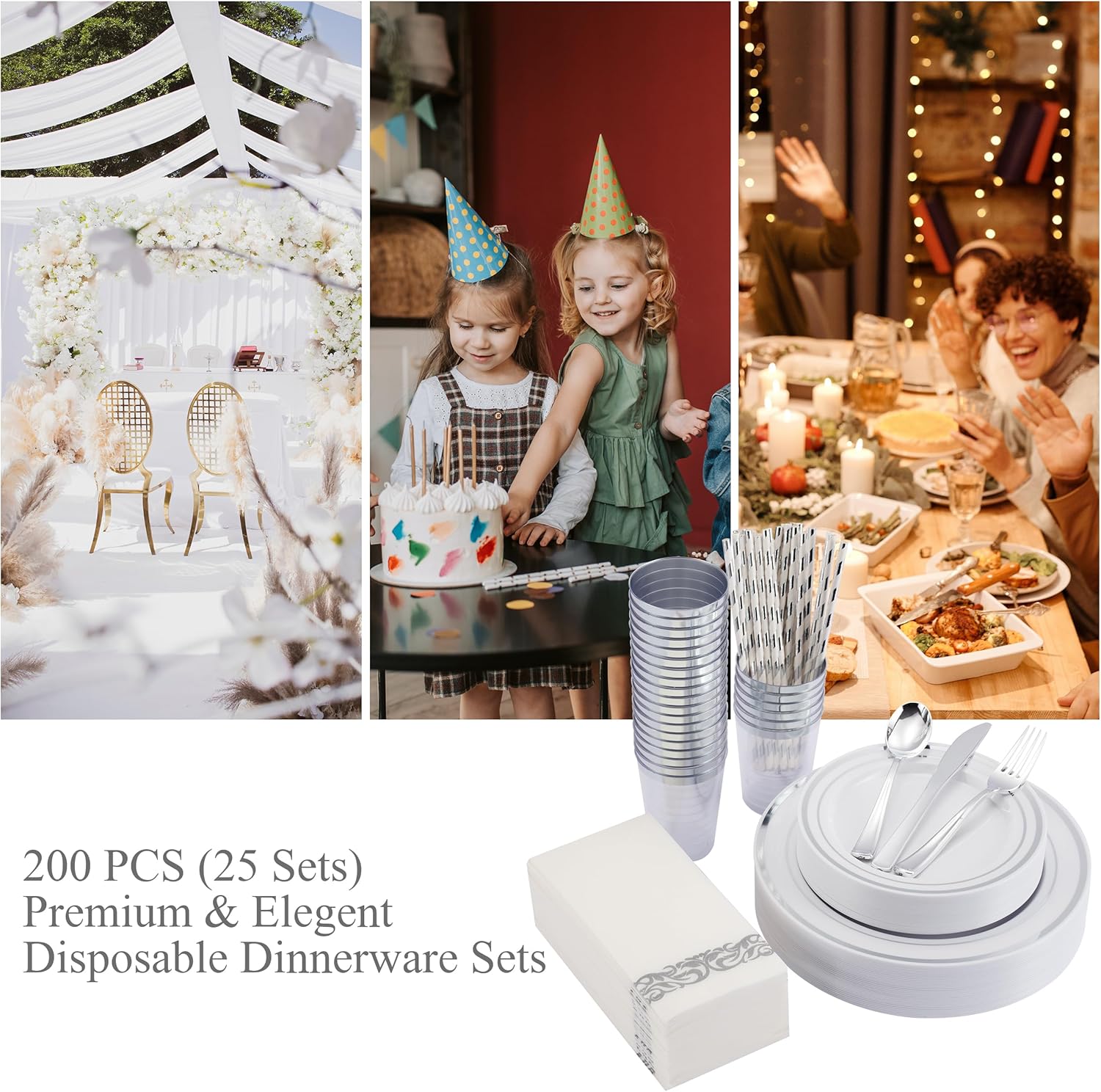 175 PCS Silver Dinnerware Set for 25 Guests, Silver Rimmed Heavy Duty Plastic Disposable Plates for Party Wedding with 25 Dinner Plates,Dessert Plates, Silverware Set, Cups, Napkins - Image 4