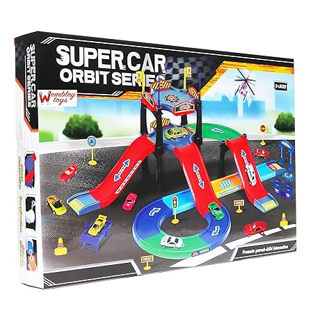 Wembley Super Car Track Set with 1 Car & 1 Helicopter - 49 Pieces - Multi Color