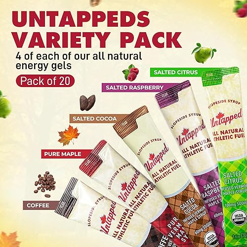 Miniatura 3 de UnTapped Paquete de 20 geles energéticos de jarabe de arce, 5 sabores totalmente naturales, incluyendo café, frambuesa, arce puro, cítricos y cacao,
