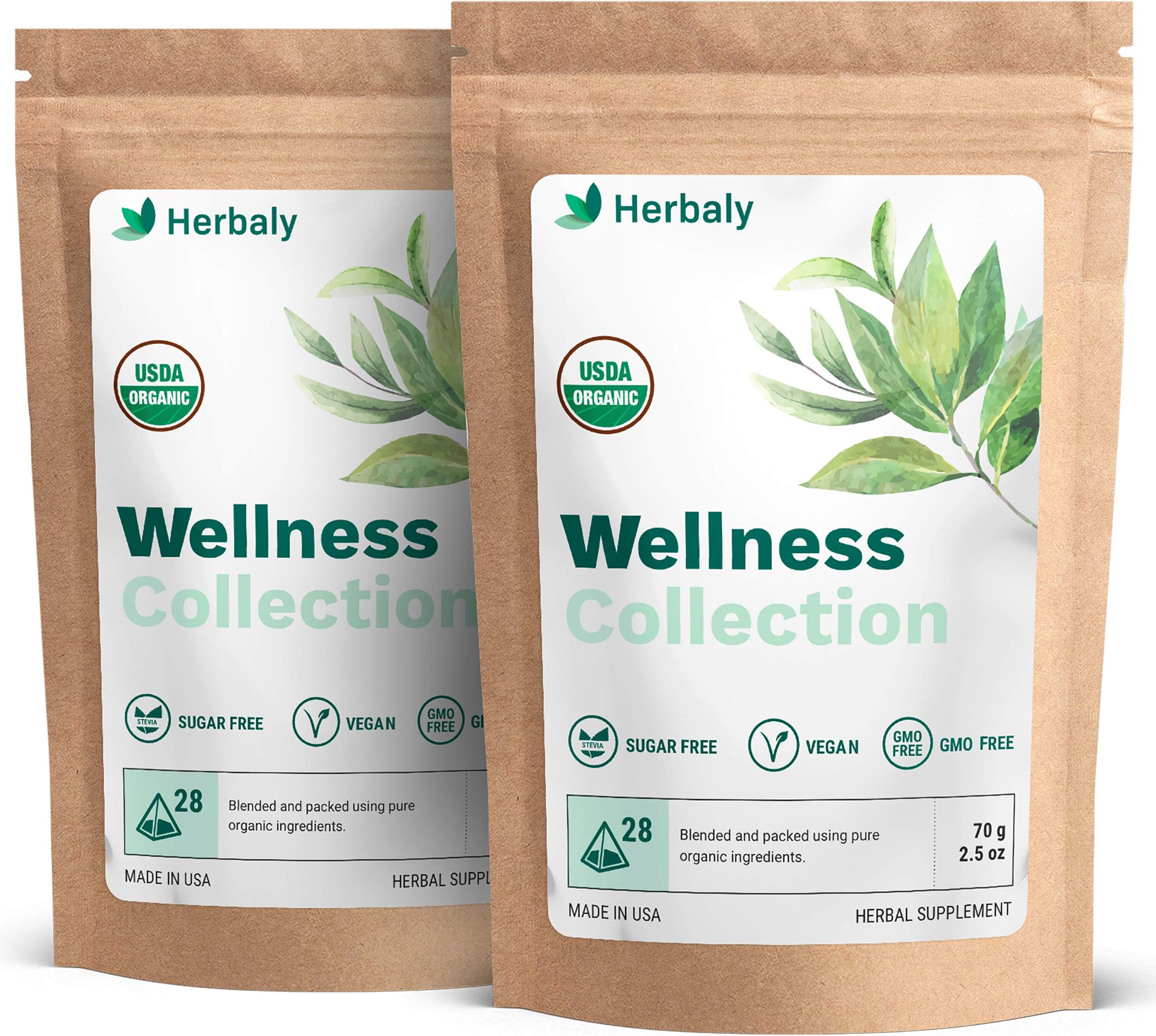 Herbaly Wellness Collection Tea - 8 Active Herbs - Improve General Health, Strengthen Immunity - Natural, Organic, Non-GMO, Vegan, Sugar Free - 2 Pack, 56 Pyramid Tea Bags