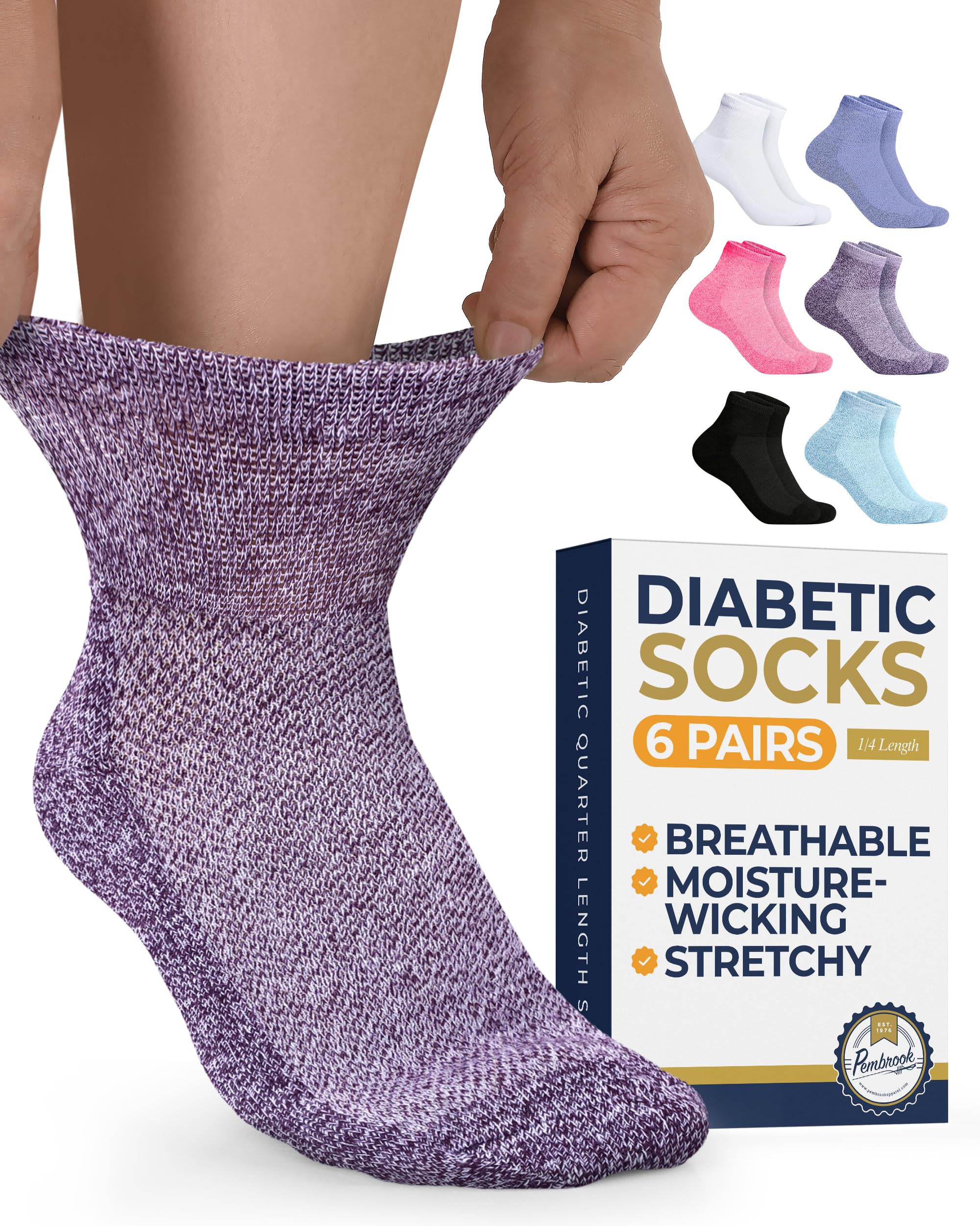 Pembrook Diabetic Ankle Socks for Men & Women | 6 Pairs Wide Non Binding Socks Quarter Length | Edema Neuropathy Socks