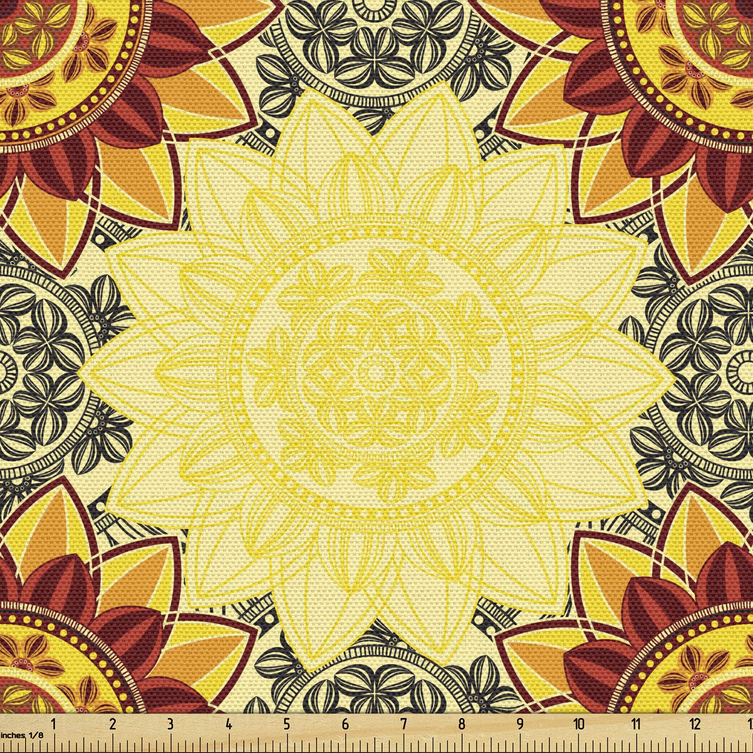 Lunarable Yellow Mandala Fabric by The Yard, Bohemian Floral Motifs Framework Colorful Hippie Style Traditional Details, Decorative Fabric for Upholstery and Home Accents, 2 Yards, Yellow Burgundy