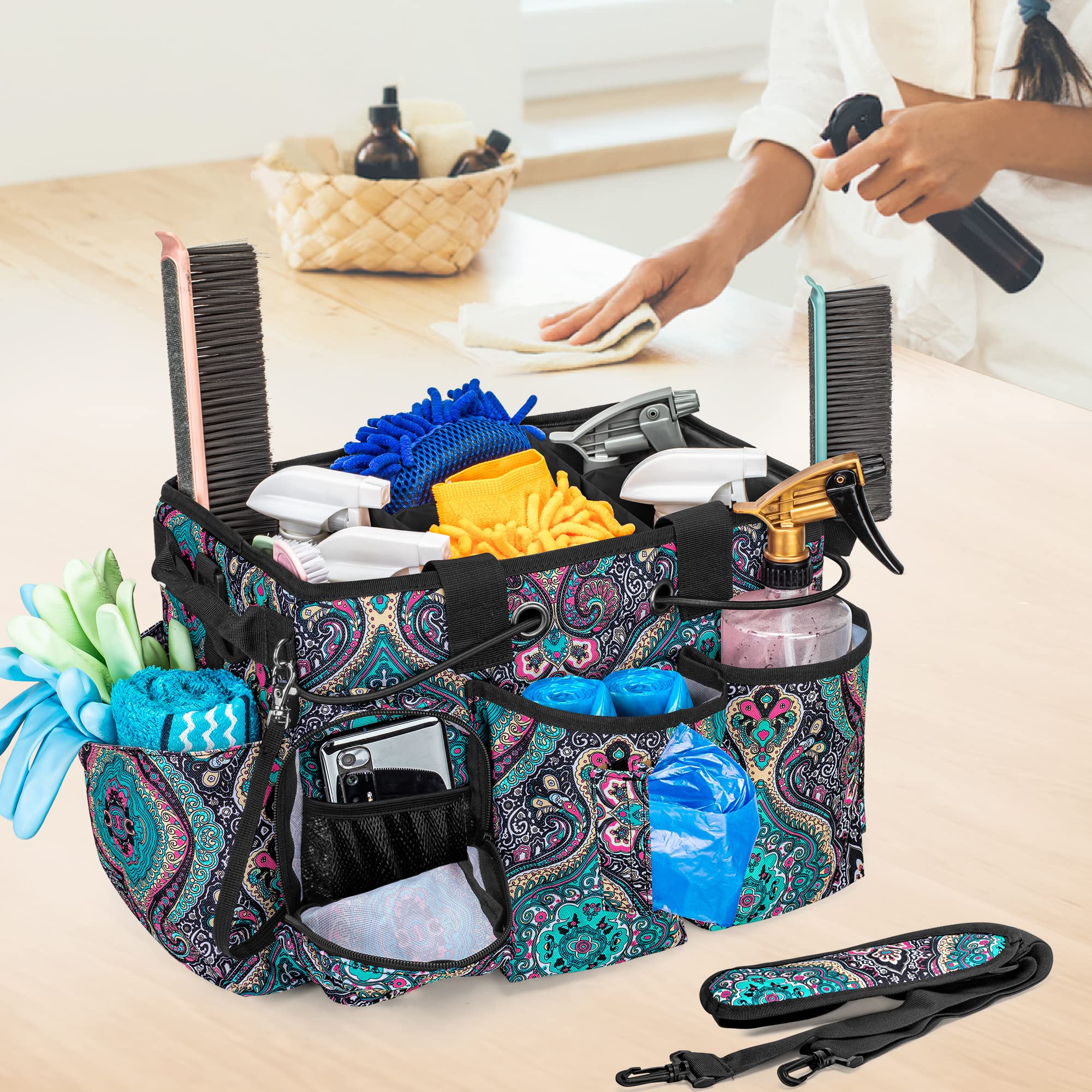 LoDrid Bolsa de limpieza con separador desmontable, tótem | Organizador de suministros con asa y correa para el hombro, bolsas de limpieza para personal de limpieza y amas de casa