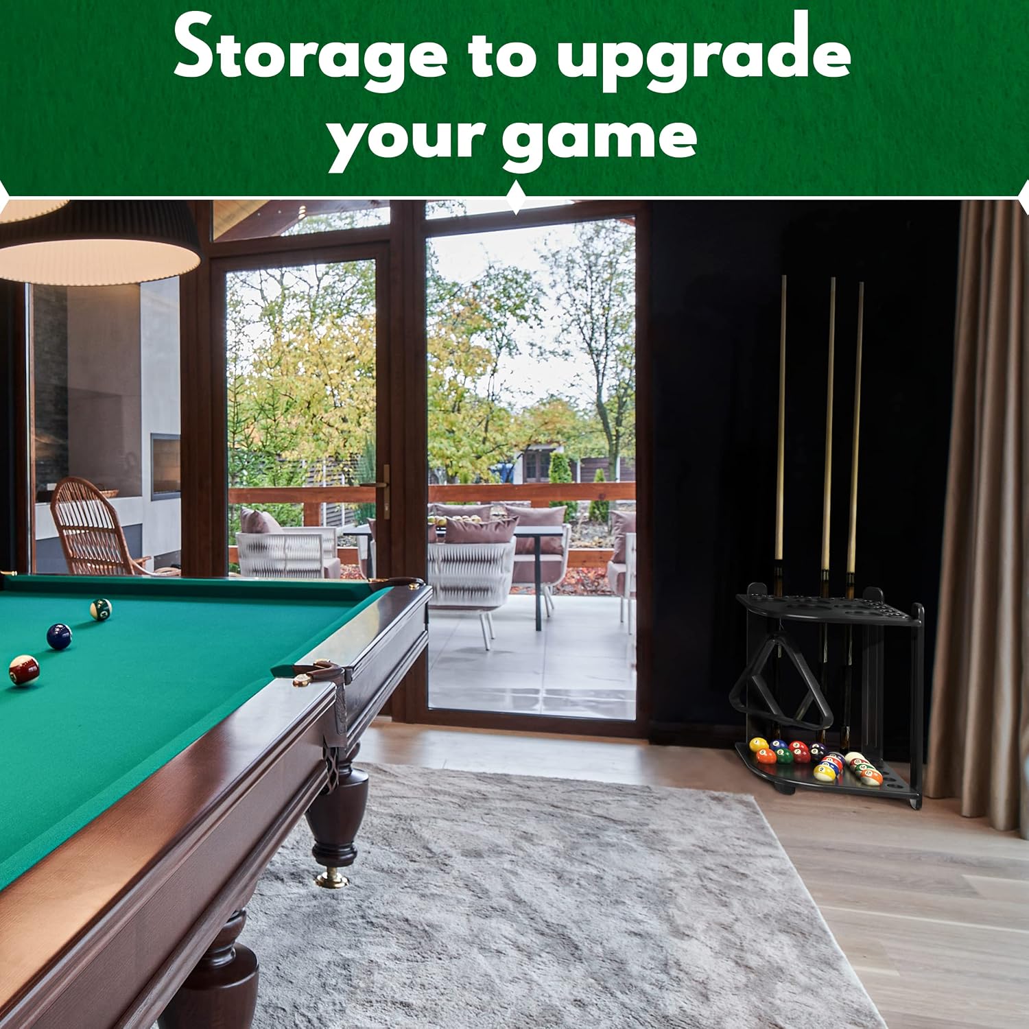 Pool Stick Holder - Cue Rack Only - Wood Stand Holds 8/10 Billiard Sticks, a Full Set of Balls & Includes 4 Score Counters - Pool Accessories (Mahogany-Hold10 Sticks)