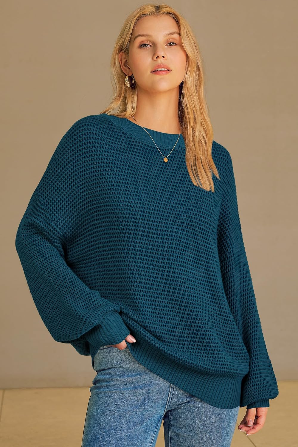 Arach&Cloz Women's Wool Blend Crewneck Fall Trendy Oversized Waffle Sweaters 2025 - Image 3