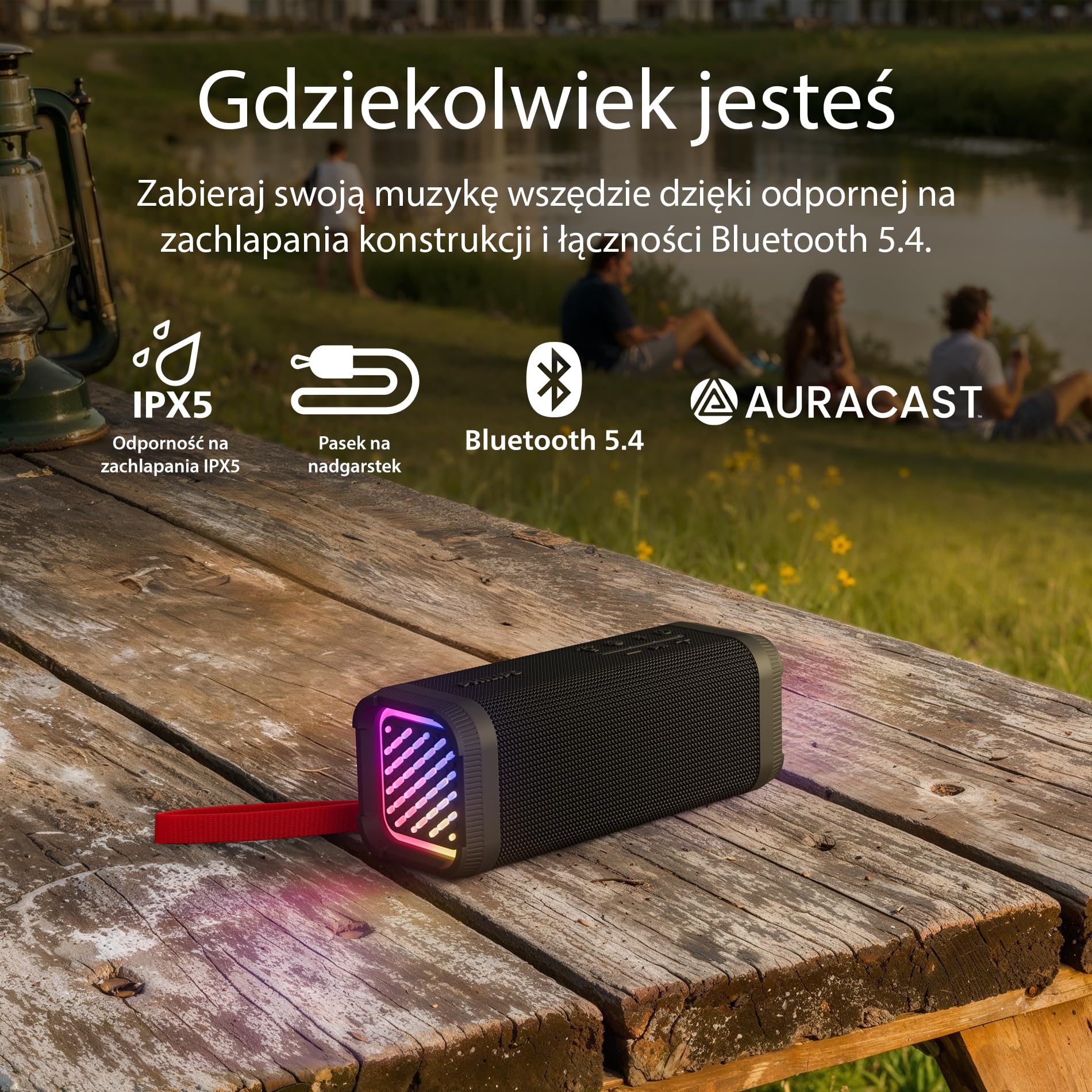 Philips TAS2000B Bezprzewodowy głośnik Bluetooth z zestawem świateł LED, bass + 20 W, Auracast, 20 godzin autonomii, wskaźnik IPX5, mikrofon, sterowanie z aplikacji - czarny