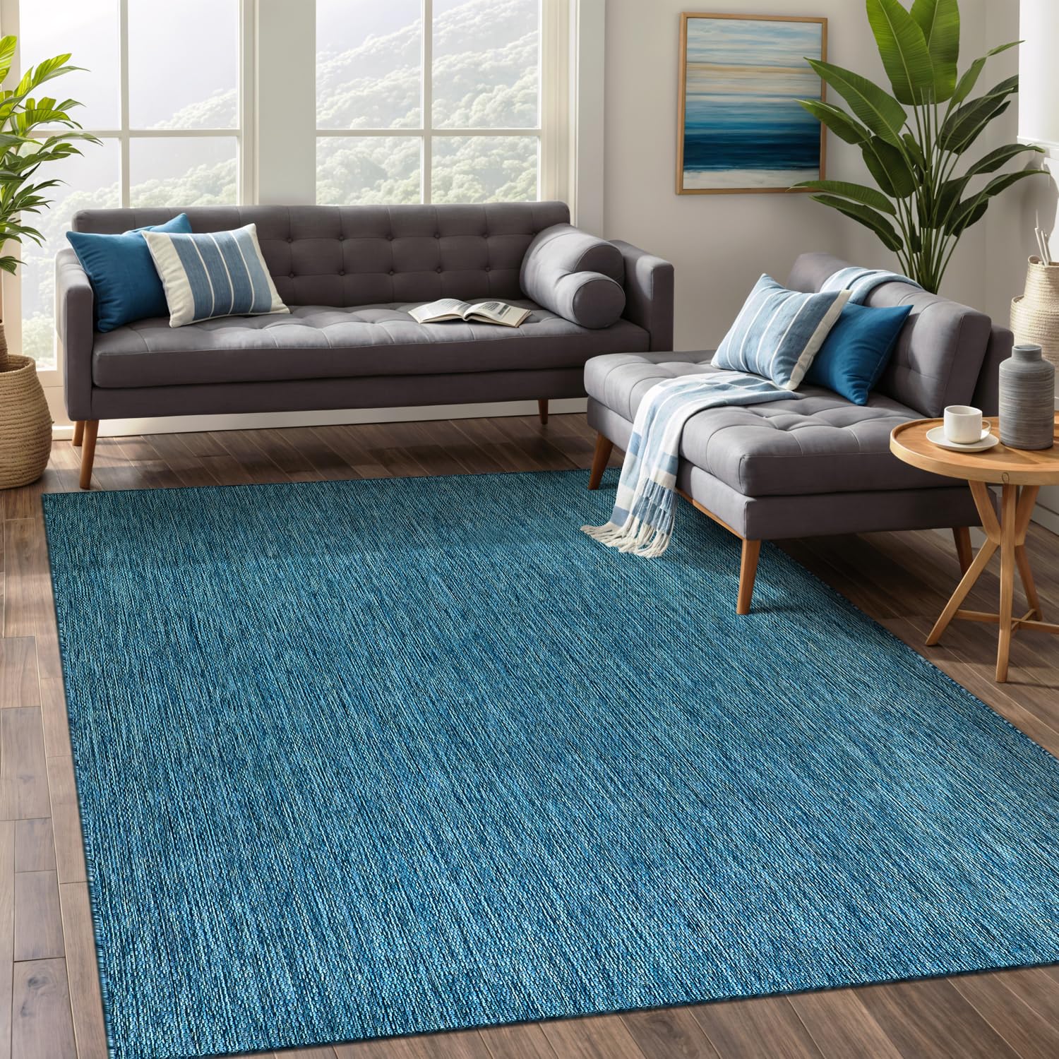 Beverly Rug Indoor Outdoor Rug 6x9, Washable Outside Carpet for Patio, Deck, Porch, Solid Modern Area Rug, Water Resistant, Aqua Blue