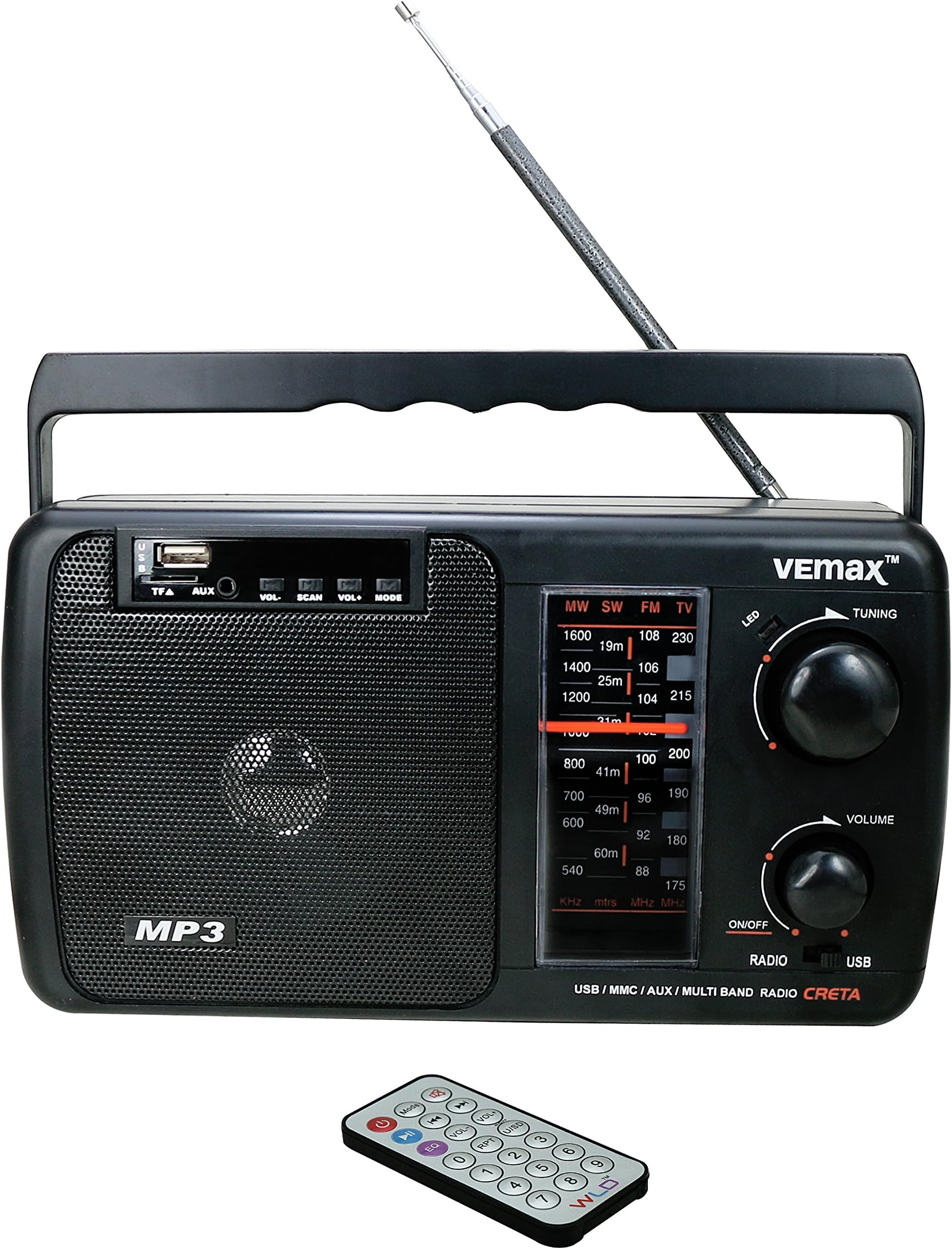 Vemax Creta Bluetooth Multiple Band (FM/AM/MW/USB/MMC/AUX) Portable Radio with Remote (Black)