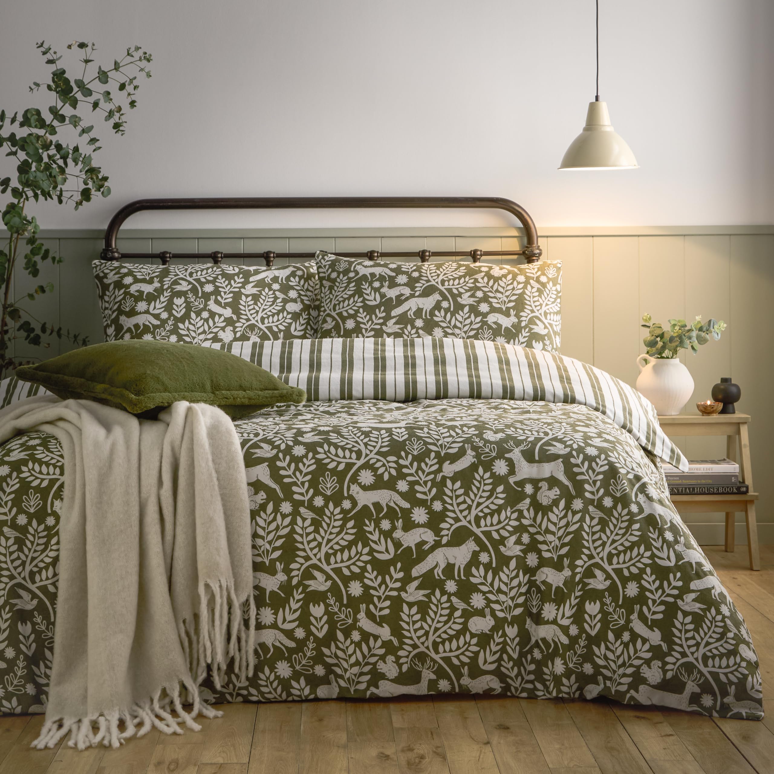 furn. Skandi Woodland Duvet Cover Set – Reversible Striped Scandinavian Forest Animals Brushed Cotton Bedding (Thyme Green - Single)