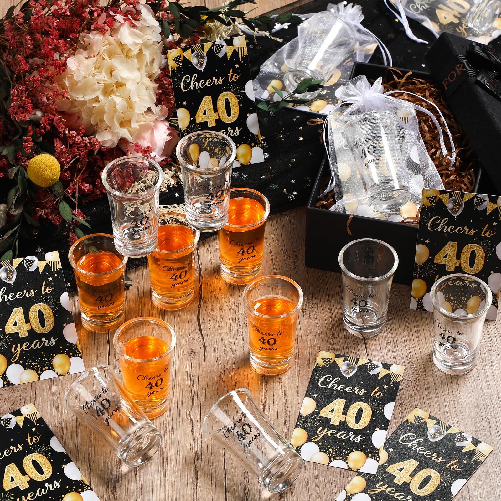 Juego de 50 vasos de chupito acrílicos reutilizables para regalos de fiesta de cumpleaños, vasos de chupito transparentes de 1 onza con tarjetas de regalo y bolsas de organza para
