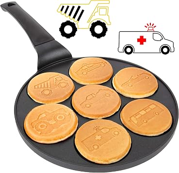 مقلاة فطائر صغيرة للسيارات والشاحنات - اصنع 7 مركبات سيارات فلابجاك فريدة من نوعها، صينية صنع الكعك غير اللاصقة بمقبض طويل لمتعة الإفطار وسهولة التنظيف، علاج صباحي فريد أو هدية خبز خاصة للأطفال