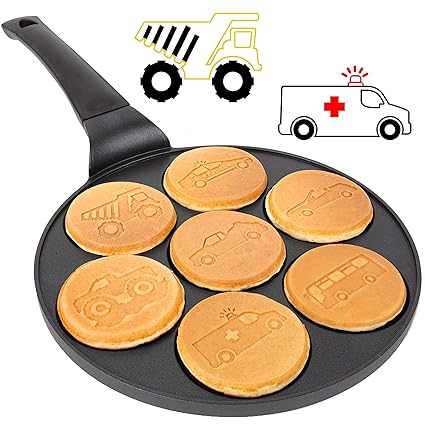 Car & Truck Mini Pancake Pan - Make 7 Unique Flapjack Cars, Nonstick Pan Cake Maker Griddle for Breakfast Fun & Easy Cleanup, Unique Holiday Treat or Gift