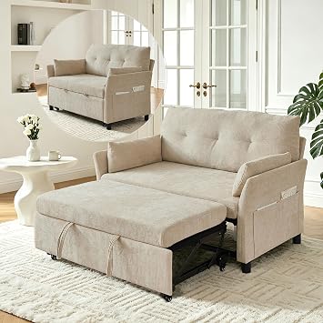 Sleeper Sofa Bed, Convertible Pull Out Couch for Living Room, Beige