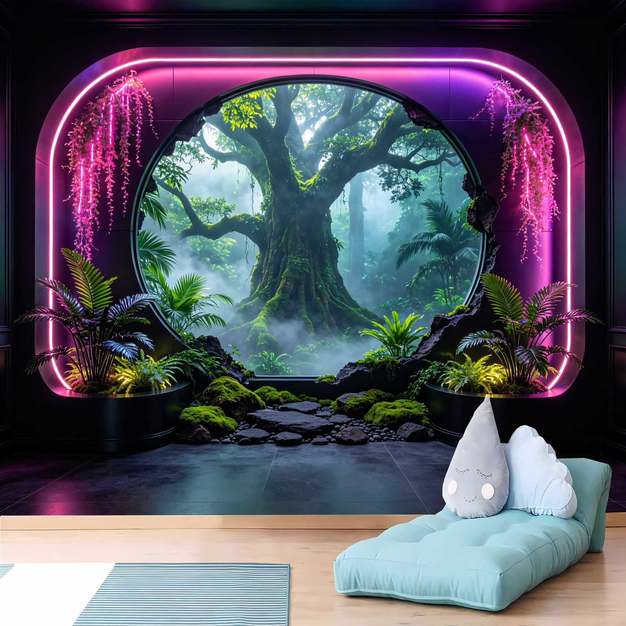Custom Size Wall Murals 3D Neon Pink Jungle Tree Through Broken Wall Self-Adhesive Wall Fabric (NO PVC) Removable Wallpaper for Living Room