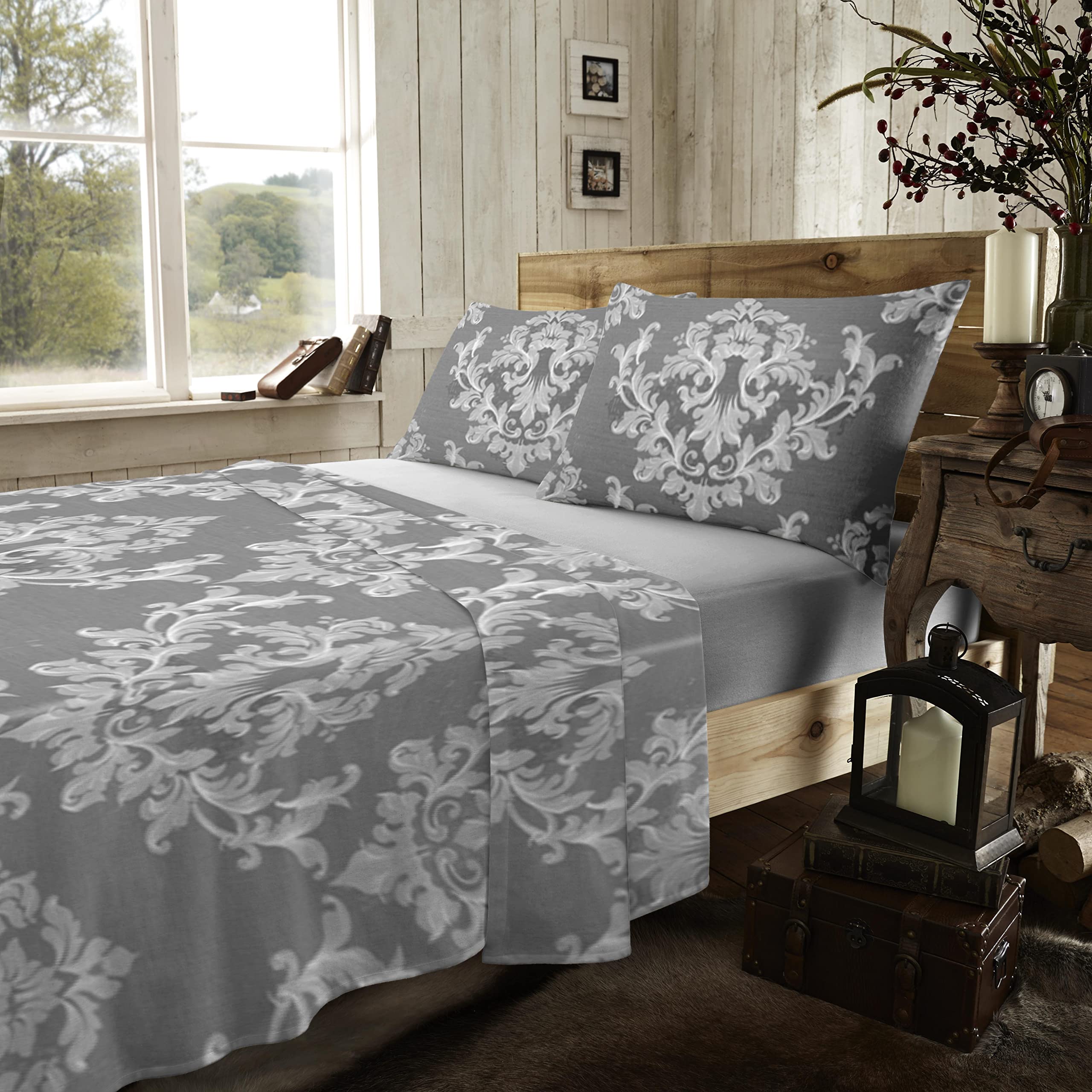 GC GAVENO CAVAILIA Helena Floral Bed Sheet Sets, Flannel Fitted Sheet, Damask Bedding Single Bed Set, Brushed Cotton Printed Flat Sheet, Grey — image 1