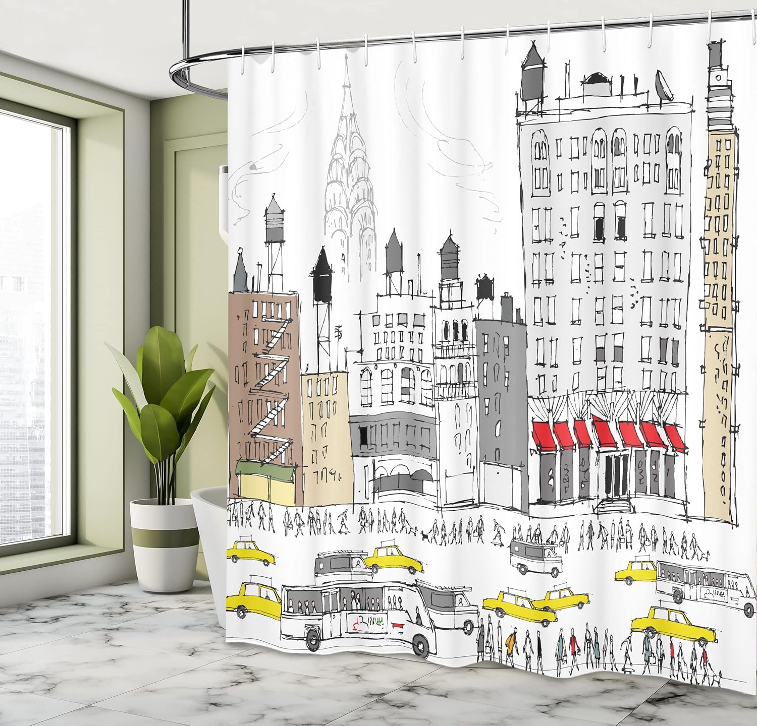 Ambesonne City Love Shower Curtain, Busy City Traffic Jam Yellow Taxi Cab Urban Life Cartoon Design Modern Style Art, Cloth Fabric Bathroom Decor Set with Hooks, 69" W x 70" L, Gray Red