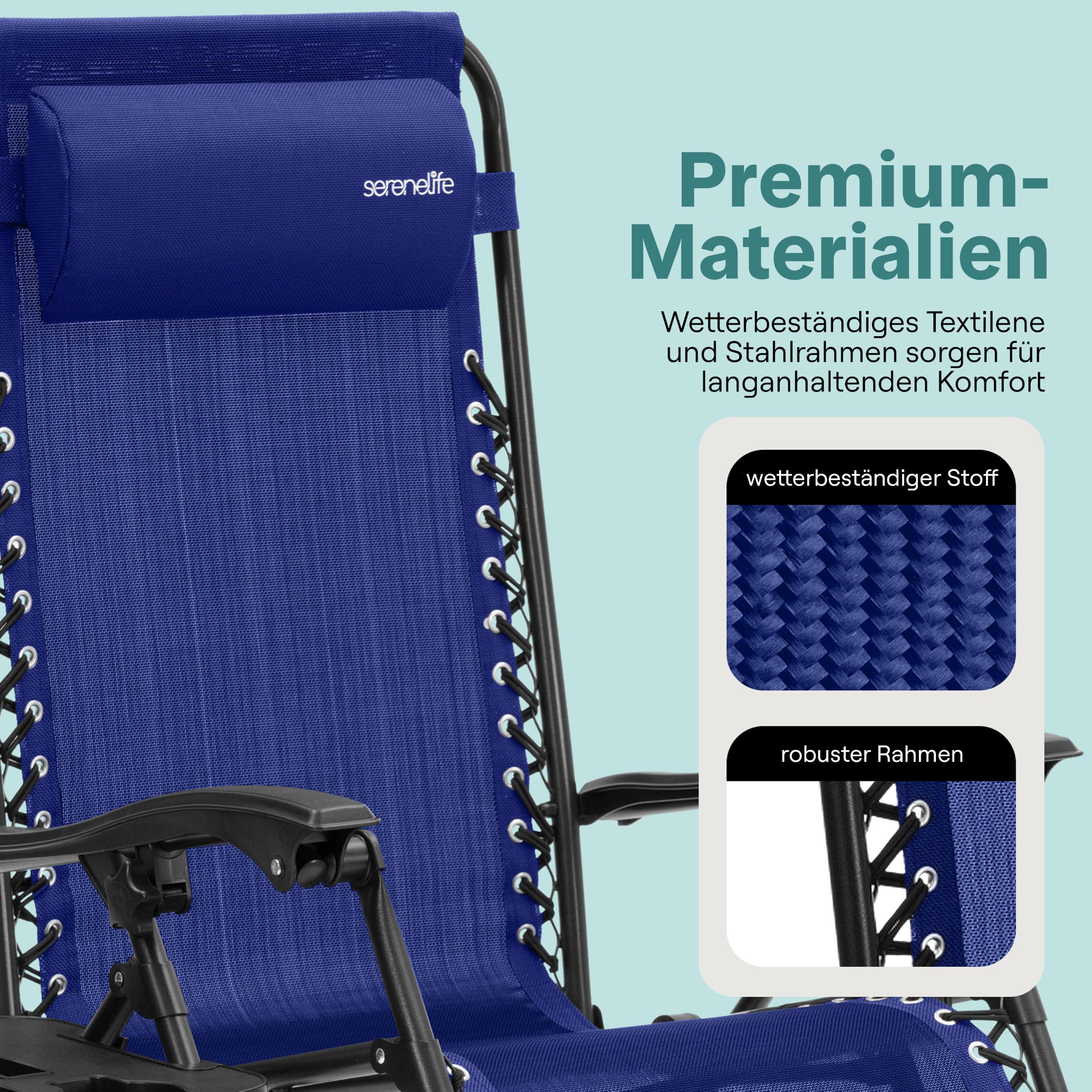 SereneLife Sonnenliege Klappbar 2er Set, Zero Gravity Liegestuhl Garten, bis 120 kg Blau, Verstellbar und Wetterfest, mit Getränkehalter und Kopfstütze, für Balkon Terrasse Strand Relax