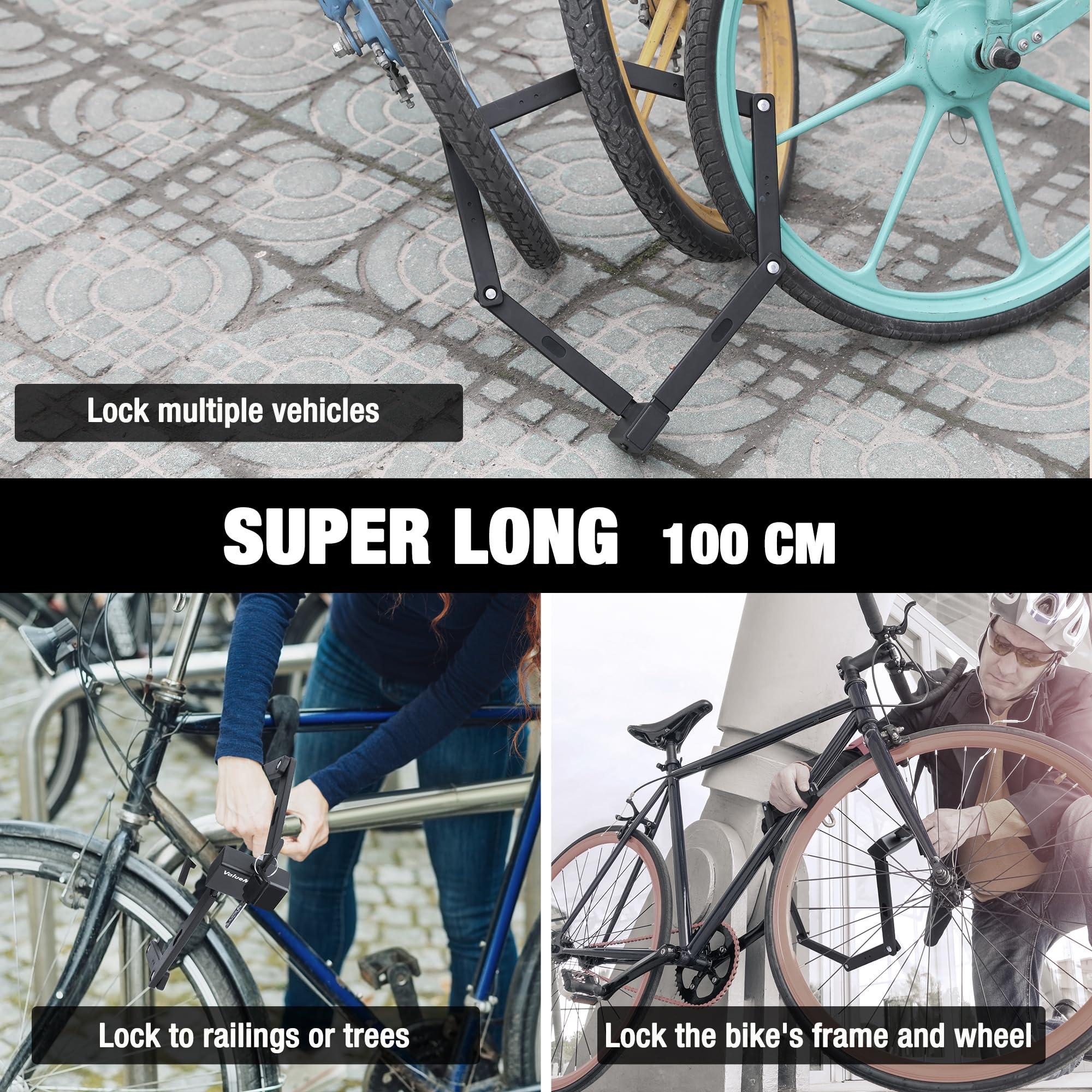 ValueMax Składany zamek rowerowy o długości 100 cm, wytrzymały składany zamek rowerowy z 2 kluczami ze stali nierdzewnej i uchwytem montażowym do roweru/motocykla/skutera/drzwi składanych