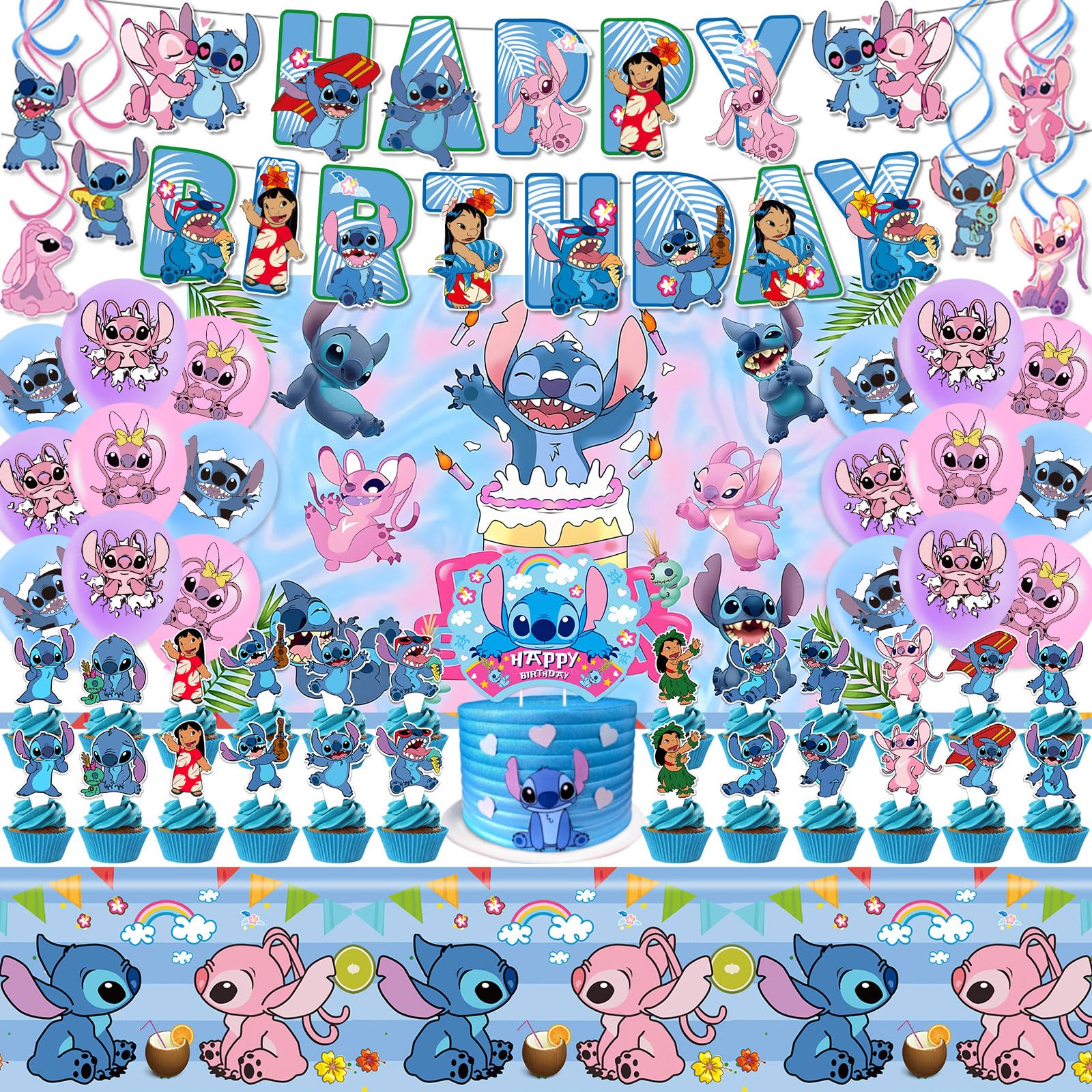 Stitch Party Supplies, Birthday Party Decorations Set Include Banner, Backdrop, Balloons, Hanging Swirls, Cake Cupcake Toppers, Tablecloth for Boys Girls Stitch Angel Party Decorations