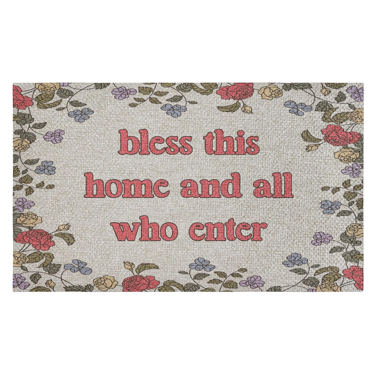 Retro Bless This Home Florals Outdoor Door Mat, Durable Non-Slip Woven Natural Texture Mat with Recycled Rubber Backing, Weather-Resistant Vintage Floral Entry Design by Lil' Rue, 18"x30"