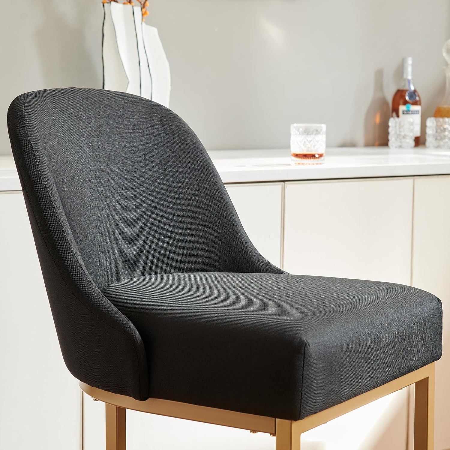 Leick Home Barrelback Counter Stool Set of 2, Counter Height, Upholstered Linen Cushion, Black & Gold, Metal Base, Easy Assembly, 20.75 in L x 23.25 in W x 38.5 in H, Item 214528