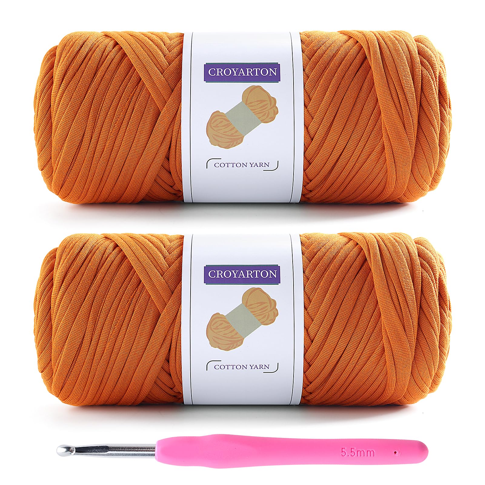 2 Pack T Shirt Yarn for Crocheting with 1 Crochet Hook, Elastic Tshirt Yarn for Crochet Bag/Baskets/Home Decor, Spaghetti Yarn Thick Knitting Yarn Total Length 130 Yds, Weight 14 Oz (Turmeric)