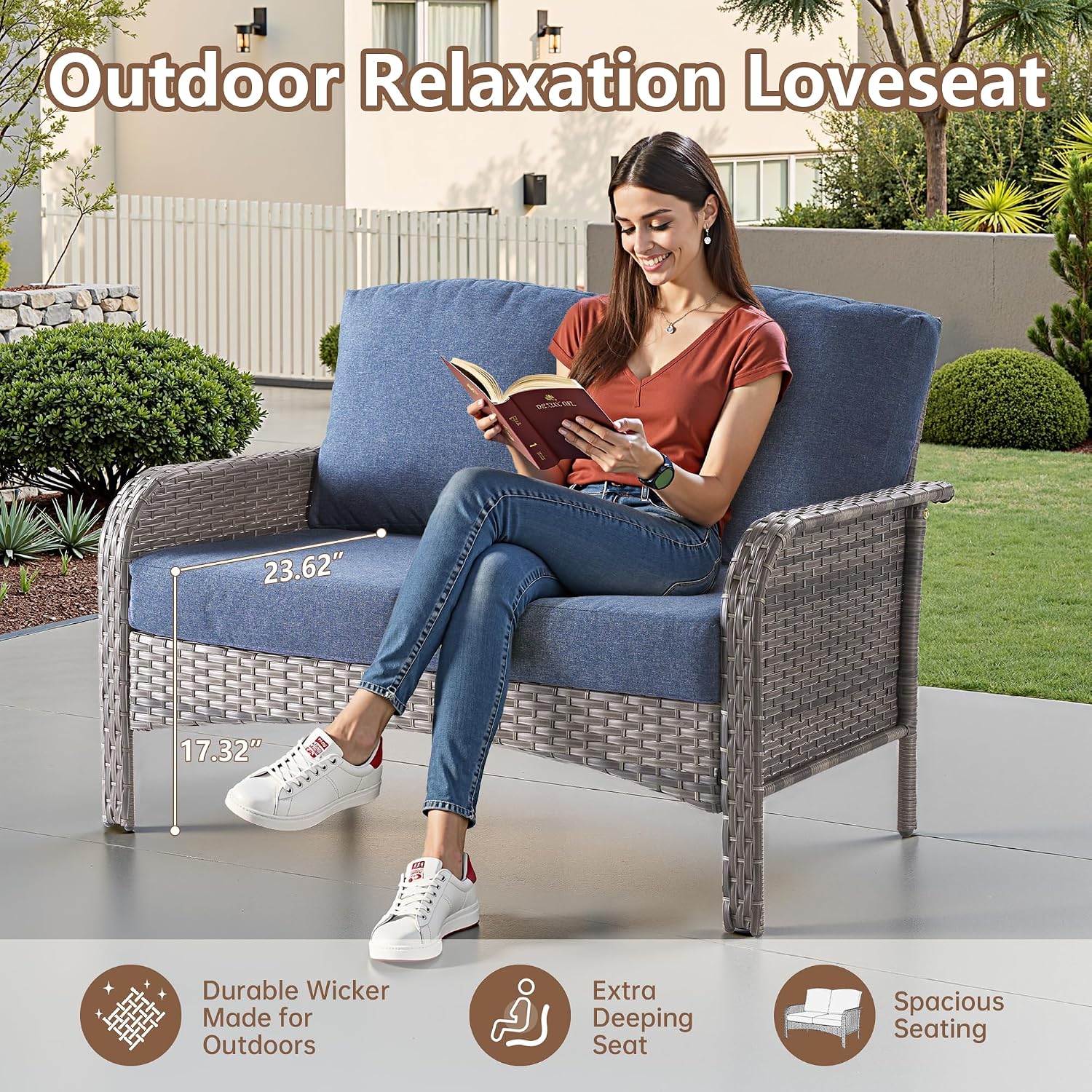 4 PCS Outdoor Patio Furniture Set with Glass Table, All-Weather Rattan Wicker Outdoor Conversation Set with Thickened Cushions for Balcony Backyard Garden Lawn,Blue