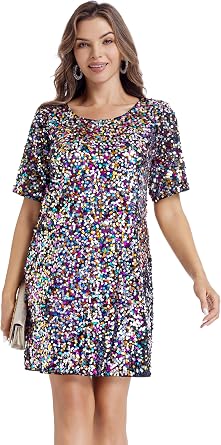 Womens Sequin Dress Crew Neck Sparkly Shift Dress Half Sleeve Party Club Cocktail Shirt Dresses