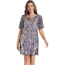Women's Sequin Dress Crew Neck Sparkly Shift Dress Half Sleeve Party Club Cocktail Shirt Dresses