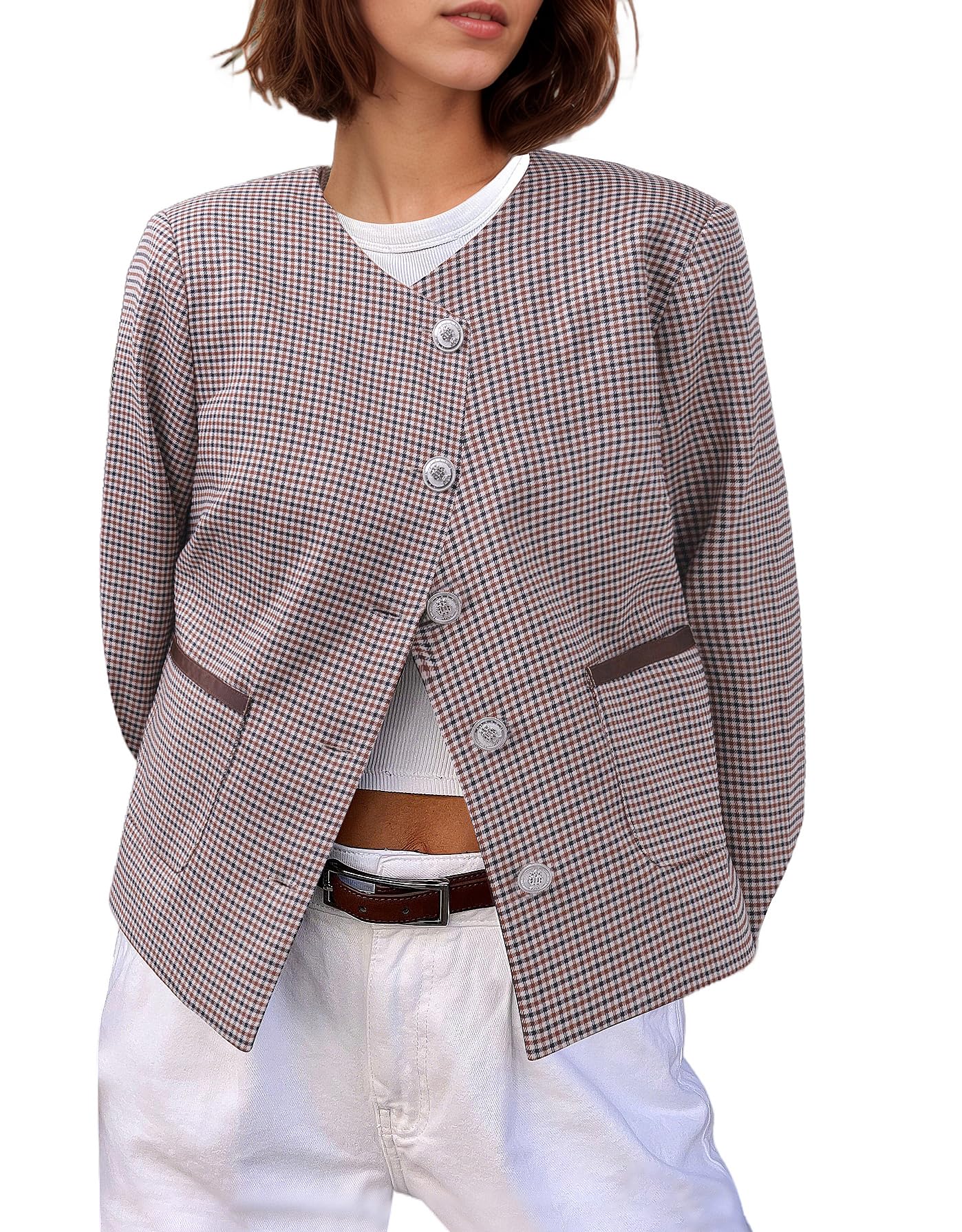 Kedera Womens Houndstooth Tweed Jacket Long Sleeve Work Suit Jackets Business Casual Cropped Blazers Short Coat