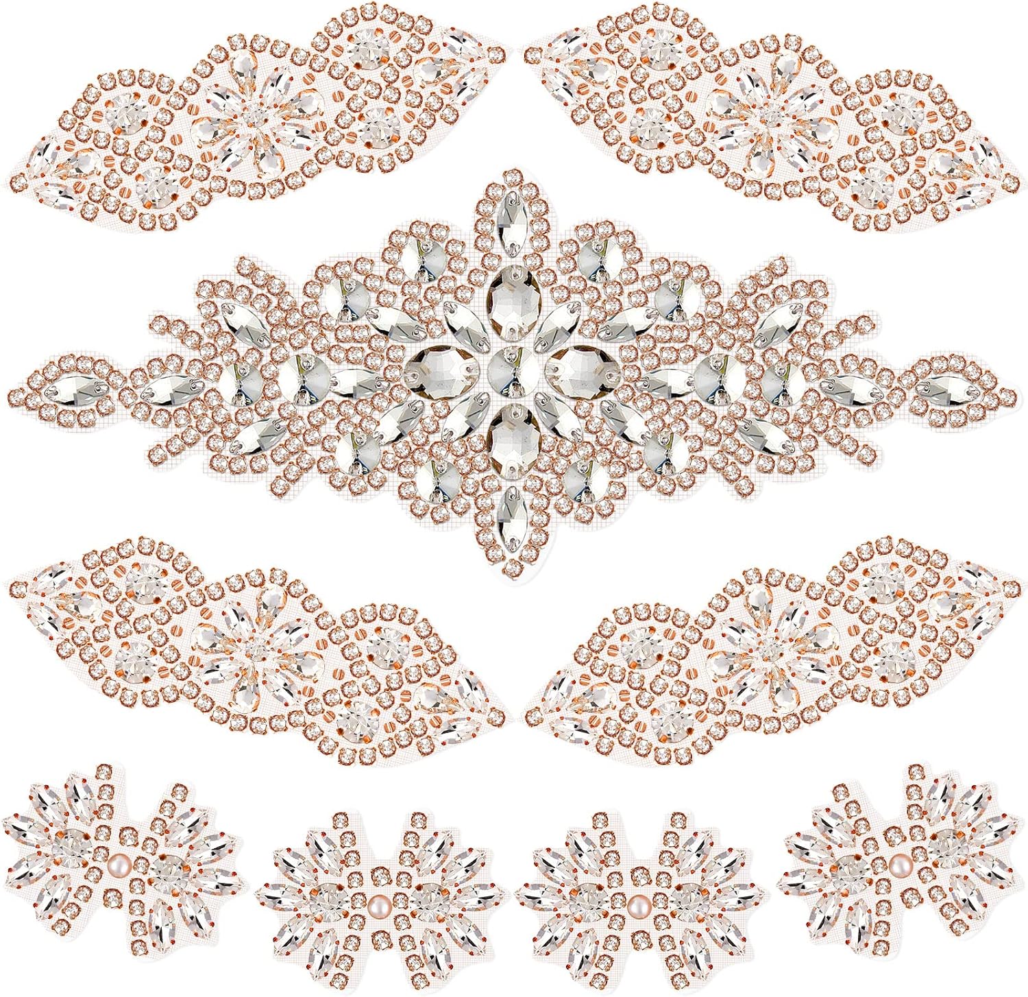 9 pcs rhinestone applique iron on patch 3 style rhinestone hot fix applique wedding hair appliques for bridal wedding dress clothing sash crystal belt sewing appliques for shoes(rose gold)
