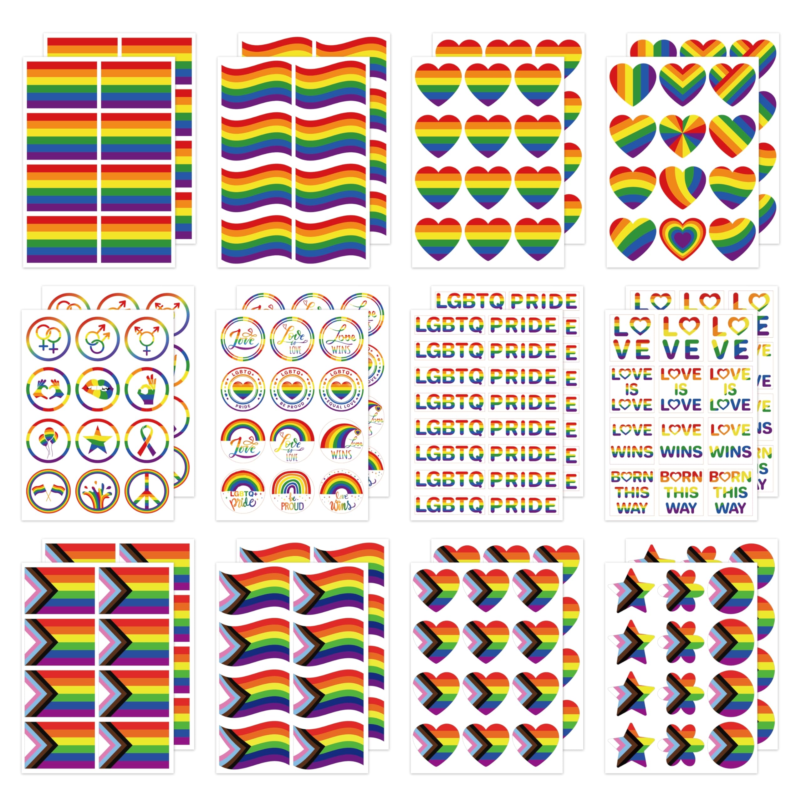 Masper 24 Sheets/248 Pcs LGBTQ Progress Pride Stickers, Assorted Rainbow Stickers Gay Stickers for Pride Month Decorations Parades and Events LGBTQ Pride Accessories