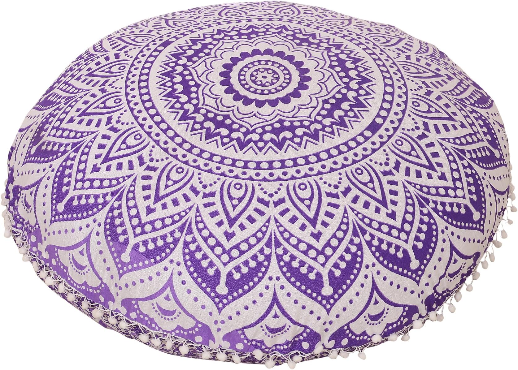 Shubhlaxmifashion Large 32" Purple Round Pillow Cover, Decorative Mandala Pillow Sham, Indian Bohemian Ottoman Poufs, Pom Pom Pillow Cases, Outdoor Cushion Cover,