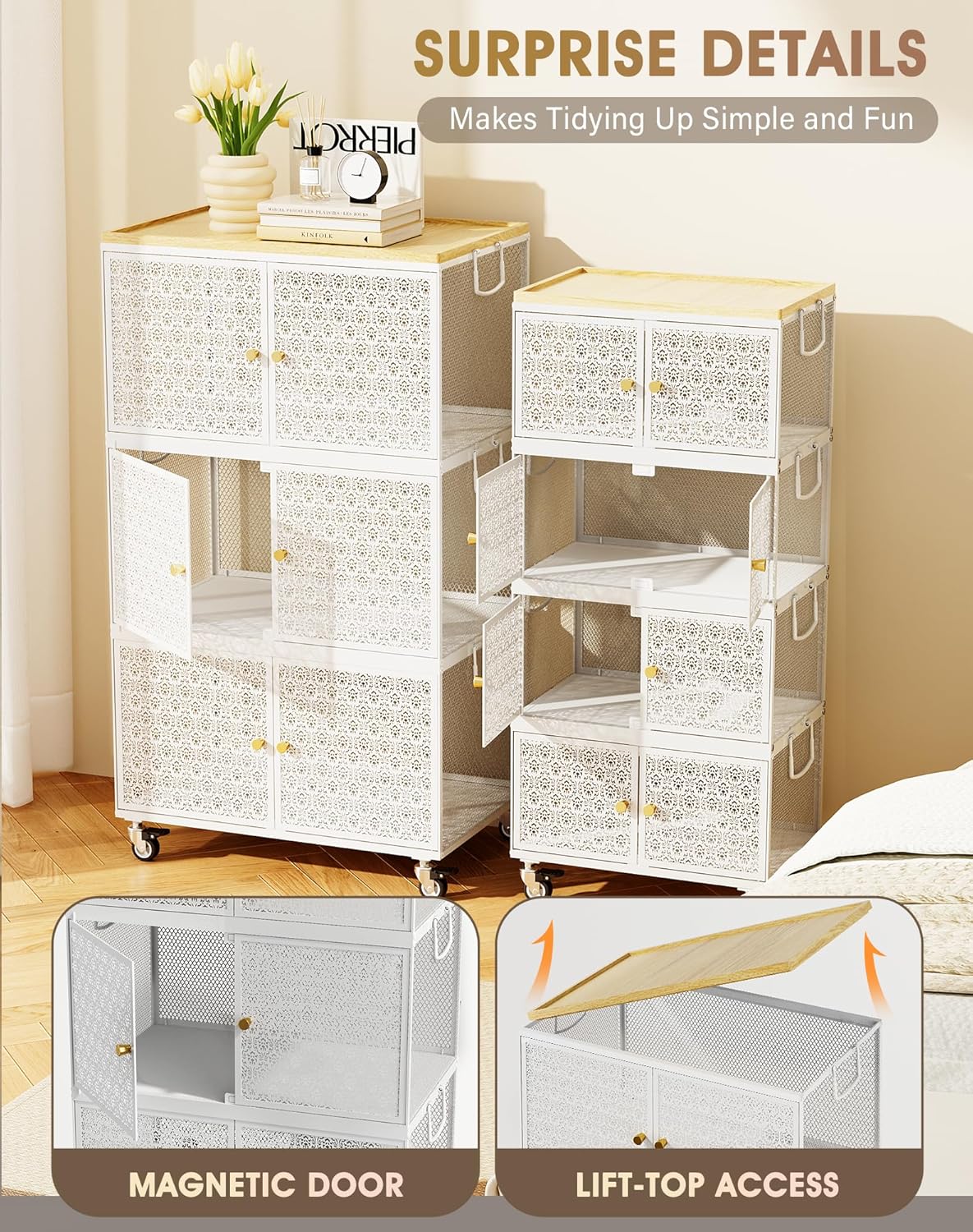 4 Tier Metal Storage Cabinet with wheels, Storage Bins with Magnetic Doors, Storage Cart for Living Room