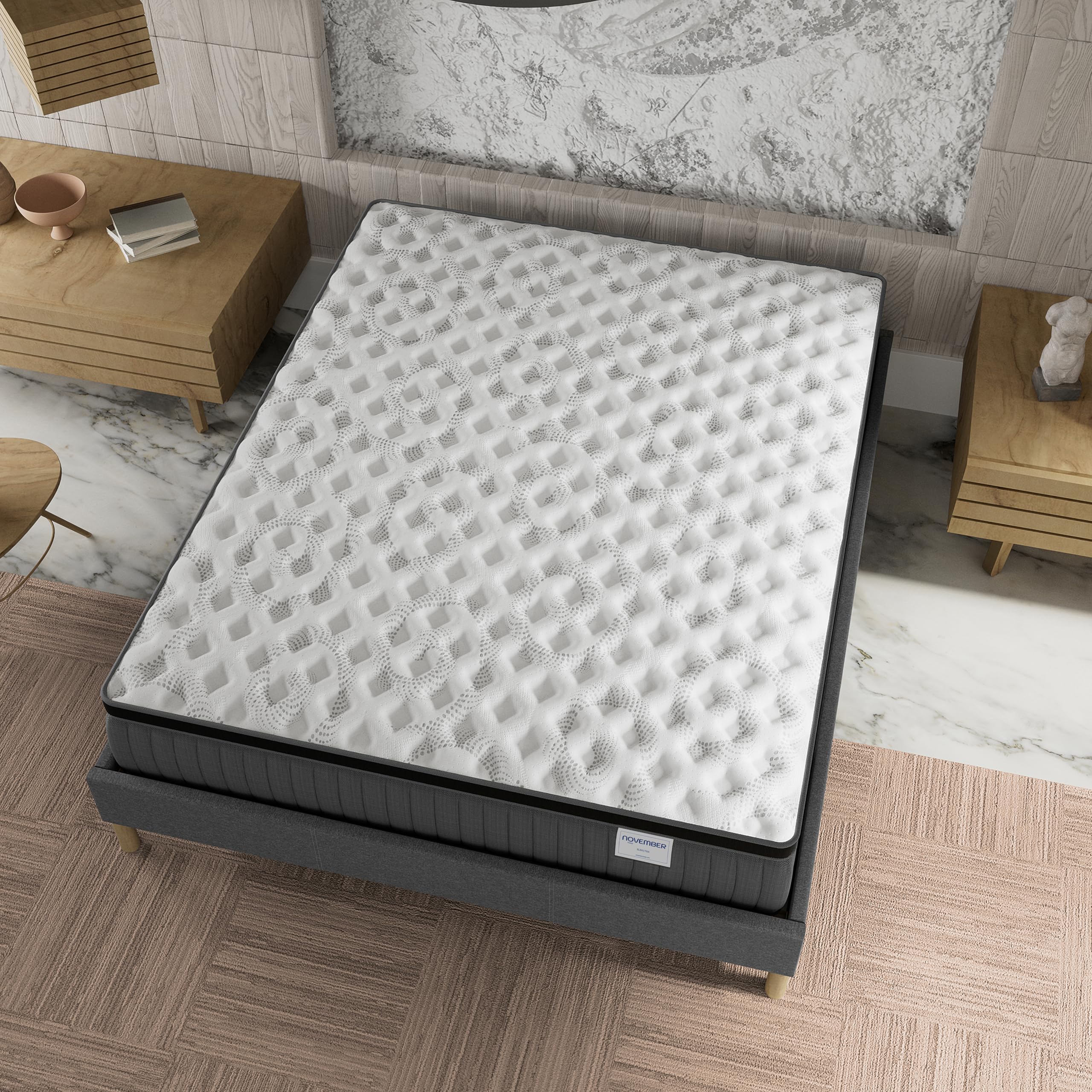 NOVEMBER- Ensemble Matelas + sommier (160 x 200cm)- Matelas Elekctra Ressorts ensachés & mémoire de Forme d’épaisseur 30cm + Sommier Bois Stable & Robuste revêtement Tissu Gris