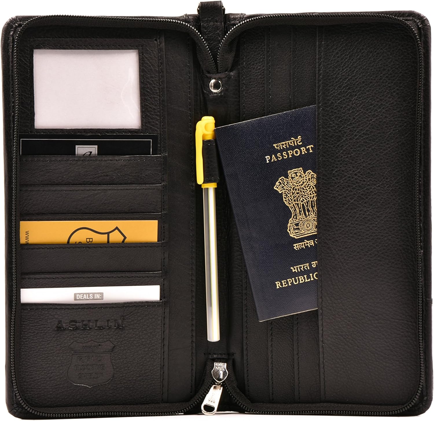 ASHLIN RFID Blocking Passport and Ticket Wallet-Genuine Leather[RFIDT7774-18-01]