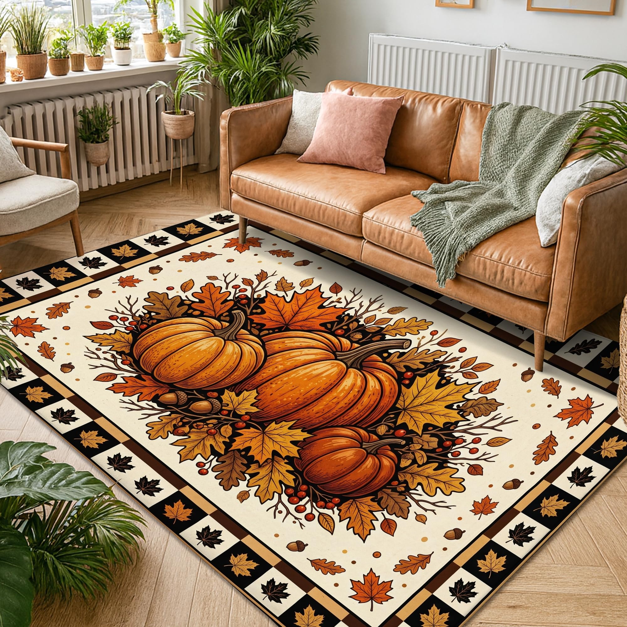 Alfombra de área de calabazas, diseño de hojas rústicas, otoño, naranja, de pelo bajo, esponja, rectangular, estética, para el hogar, sala de estar, dormitorio, dormitorio, cocina, decoración de 5 x 7