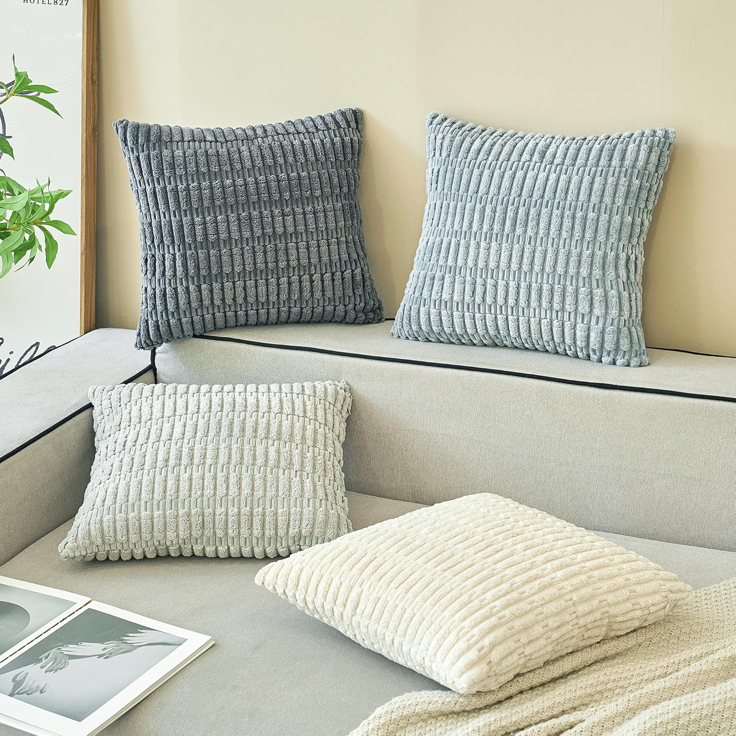 Ci & Ci Set of 4 Decorative Cushion Covers, 40 x 40 cm, Grey Corduroy