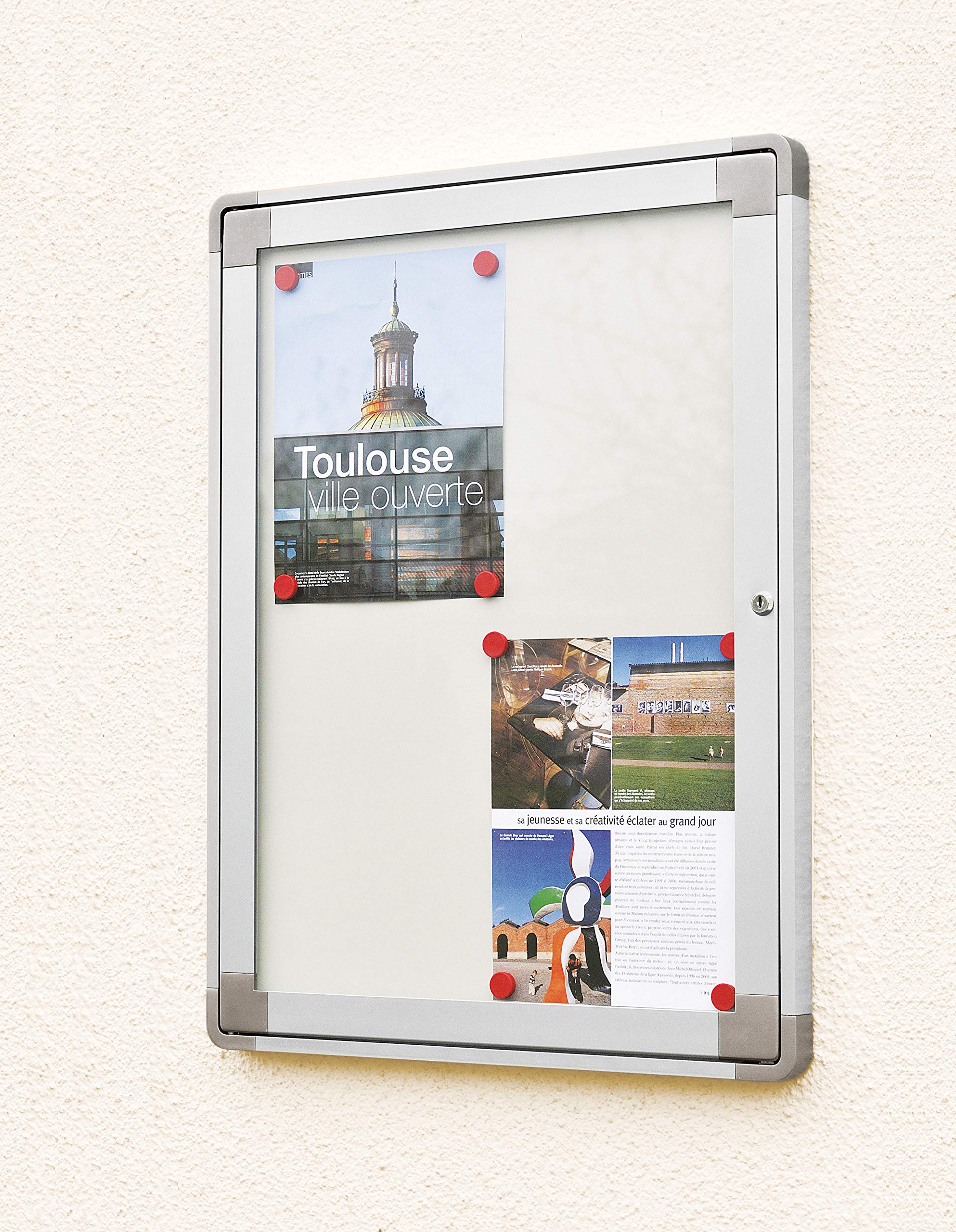Vitrine Planorga d'intérieur à charnière amovible, aluminium anodisé, Fond Métal, 4 Feuilles