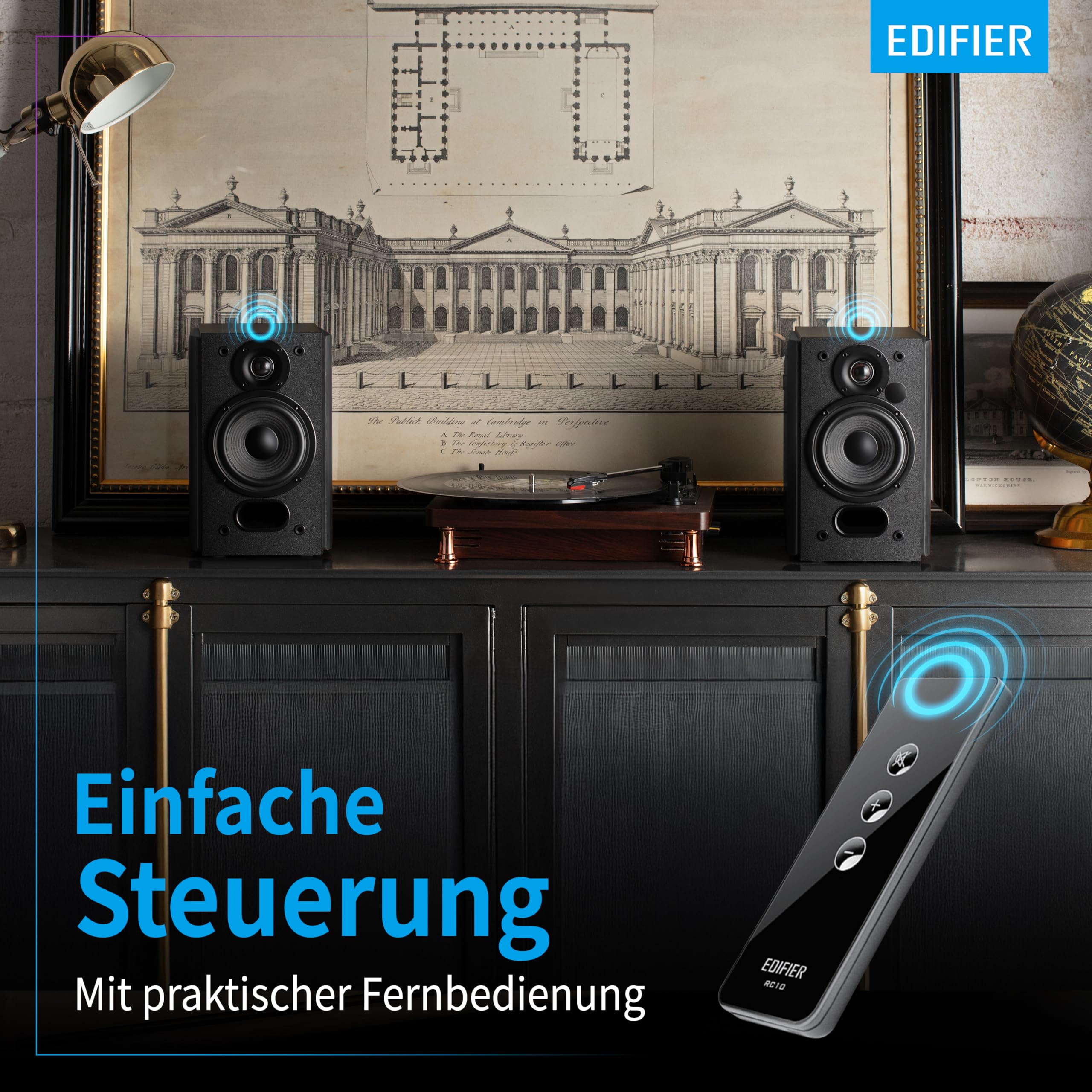 EDIFIER Studio R1380T 2.0 Regallautsprecher-System (42 Watt) im Echtholzgehäuse (MDF). Zwei LINE IN Anschlüsse. Infrarot-Fernbedienung und seitliche Bedienelemente für Bässe, Höhen und Lautstärke.