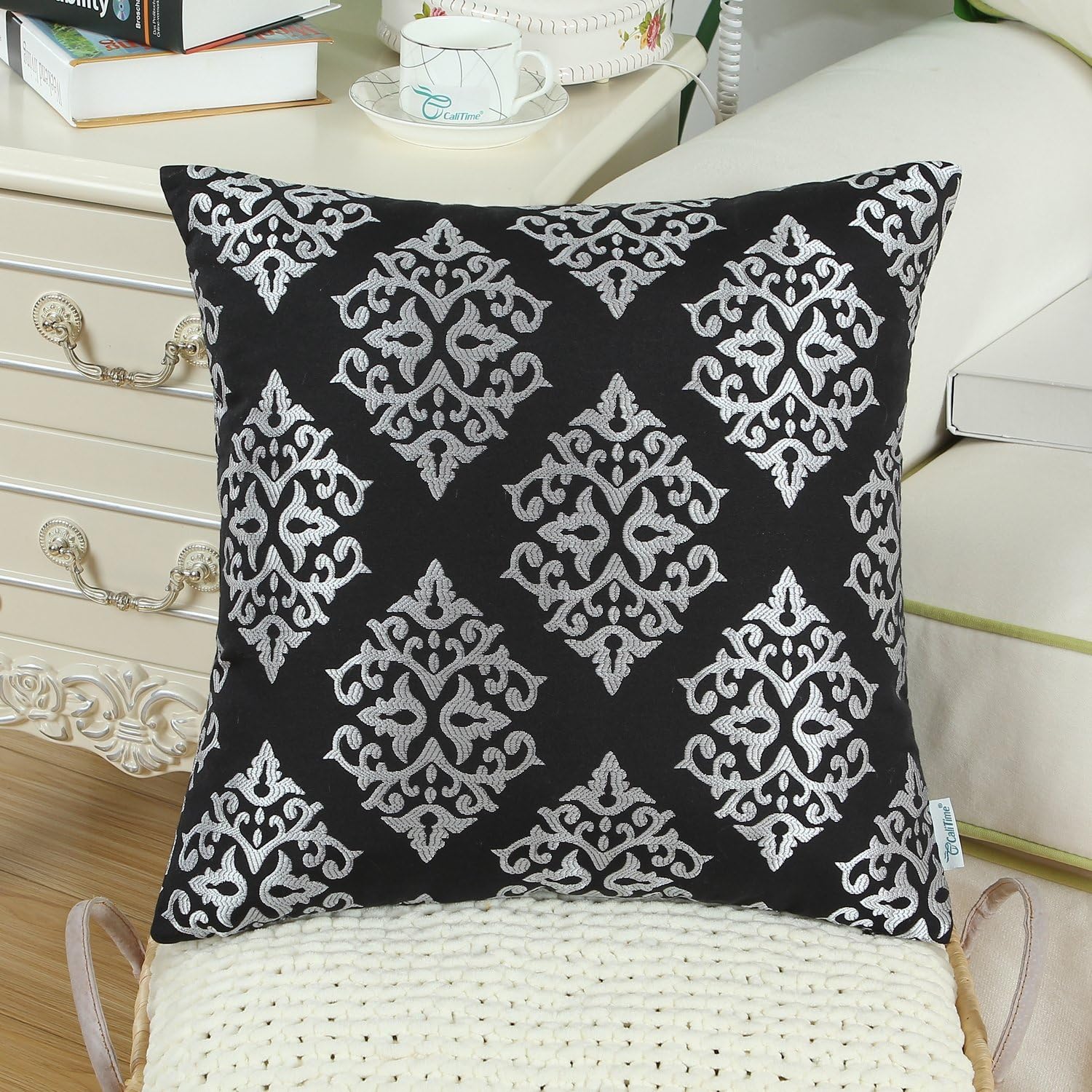 CaliTime Pack of 2 Soft Jacquard Throw Pillow Covers Cases for Couch Sofa Home Decoration Vintage Diamond Shape Damask Floral 18 X 18 Inches Black