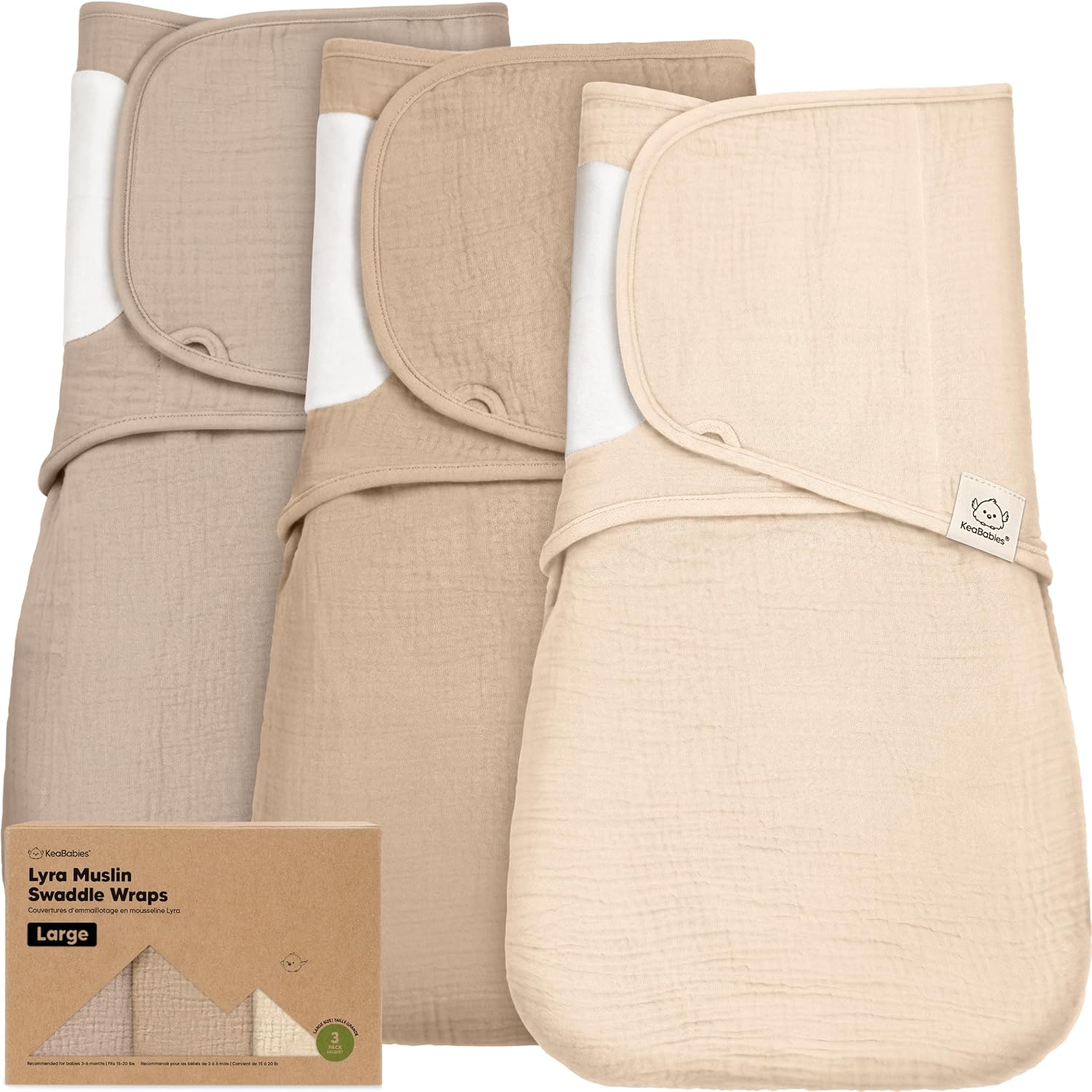 KeaBabies Muslin Baby Swaddles for Newborns – 3-Pack,100% Organic Cotton Swaddles Sleep Sack 3-6 Months, Infant, Baby Girls, Boys, Soft Breathable Summer Swaddler, Easy Quiet Closure (Ecru, L)