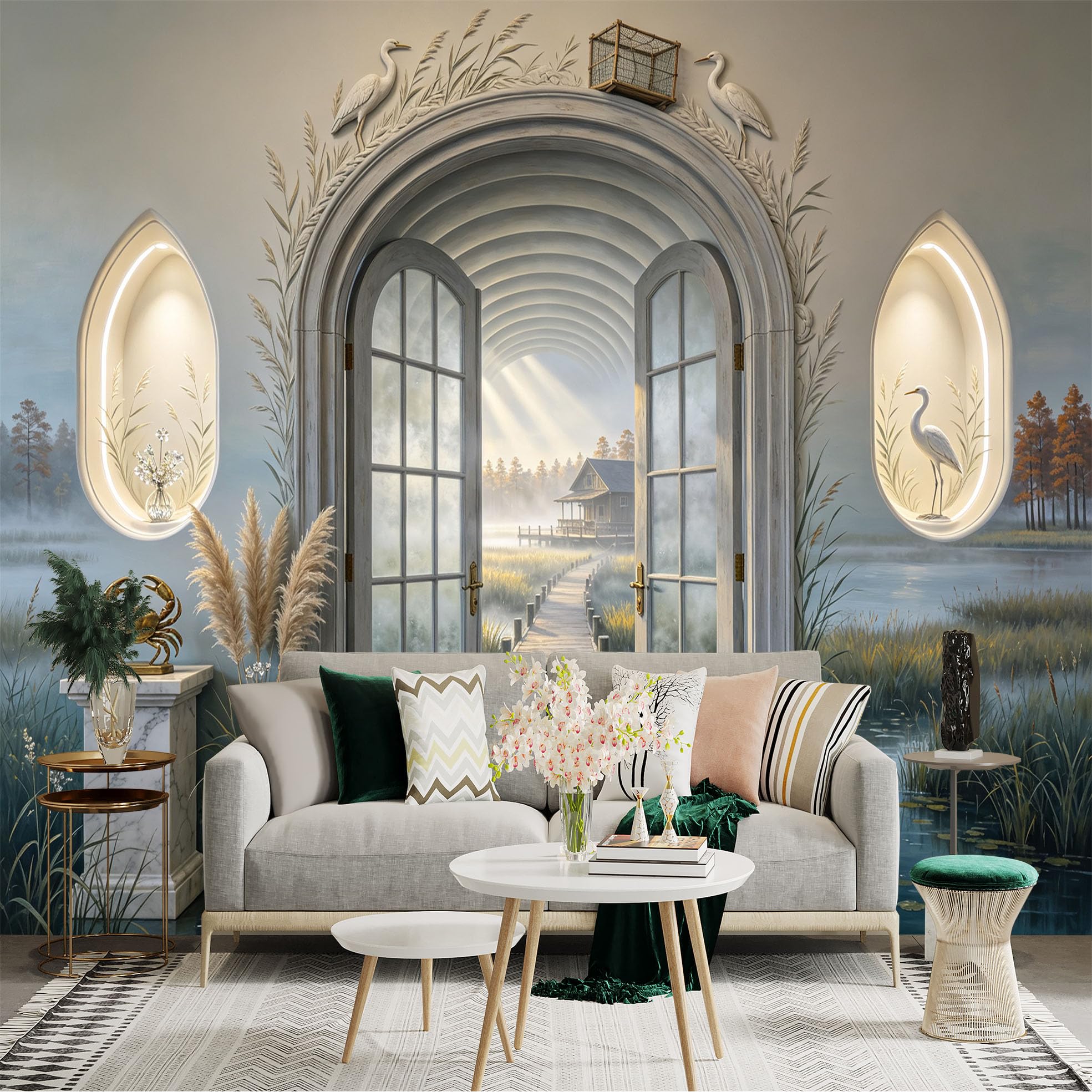 Custom Size Wall Sticker Mural， Misty Lake View with Arched Doorway， Wooden Pier and White Herons， for wall Decoration， peelandstick wall Decals.