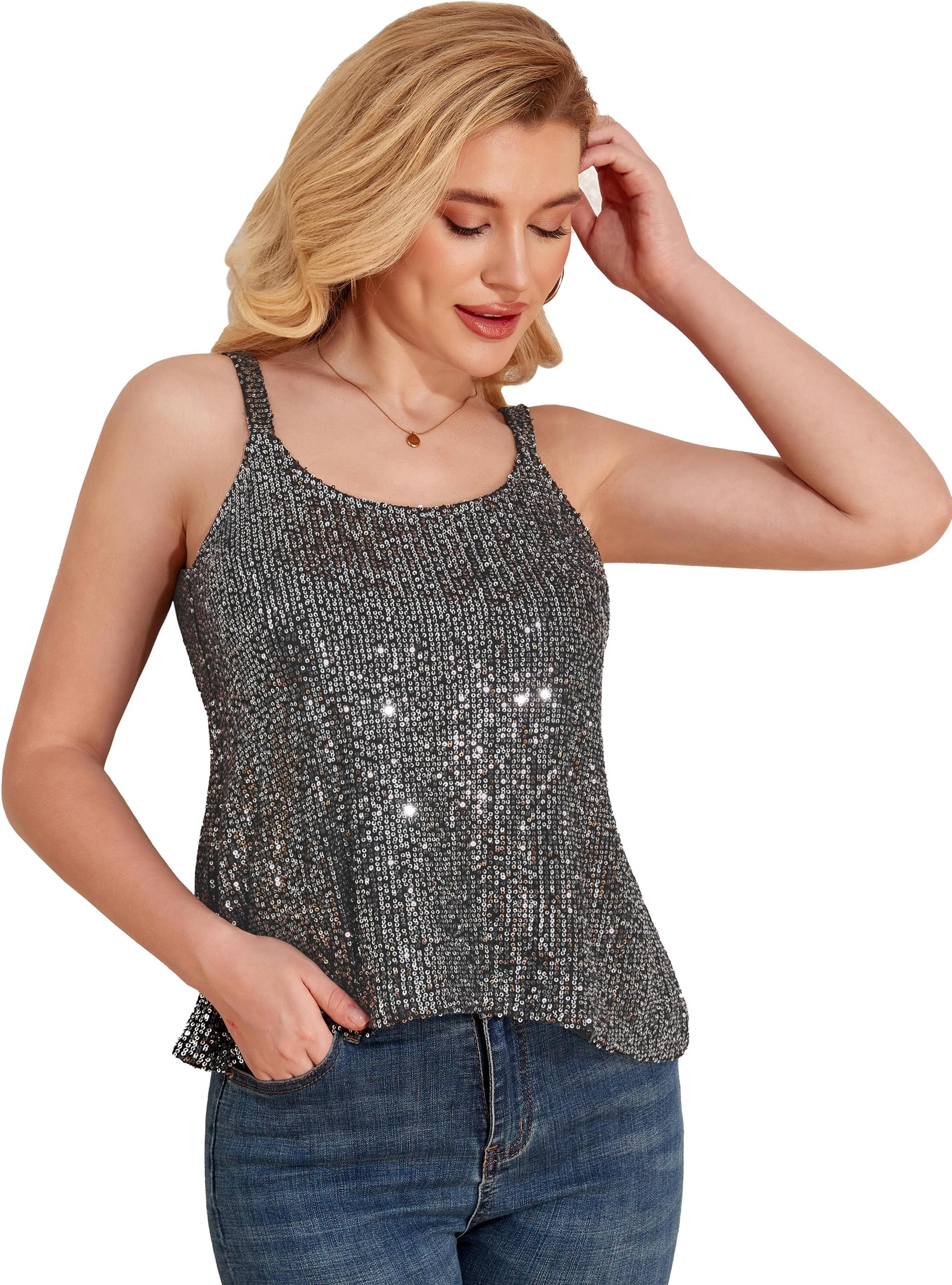 kayamiyaWomen's Sparkle Sequin Tank Tops Sparkly Camisole Glitter Party Shirts Flowy Vest Dressy Tops