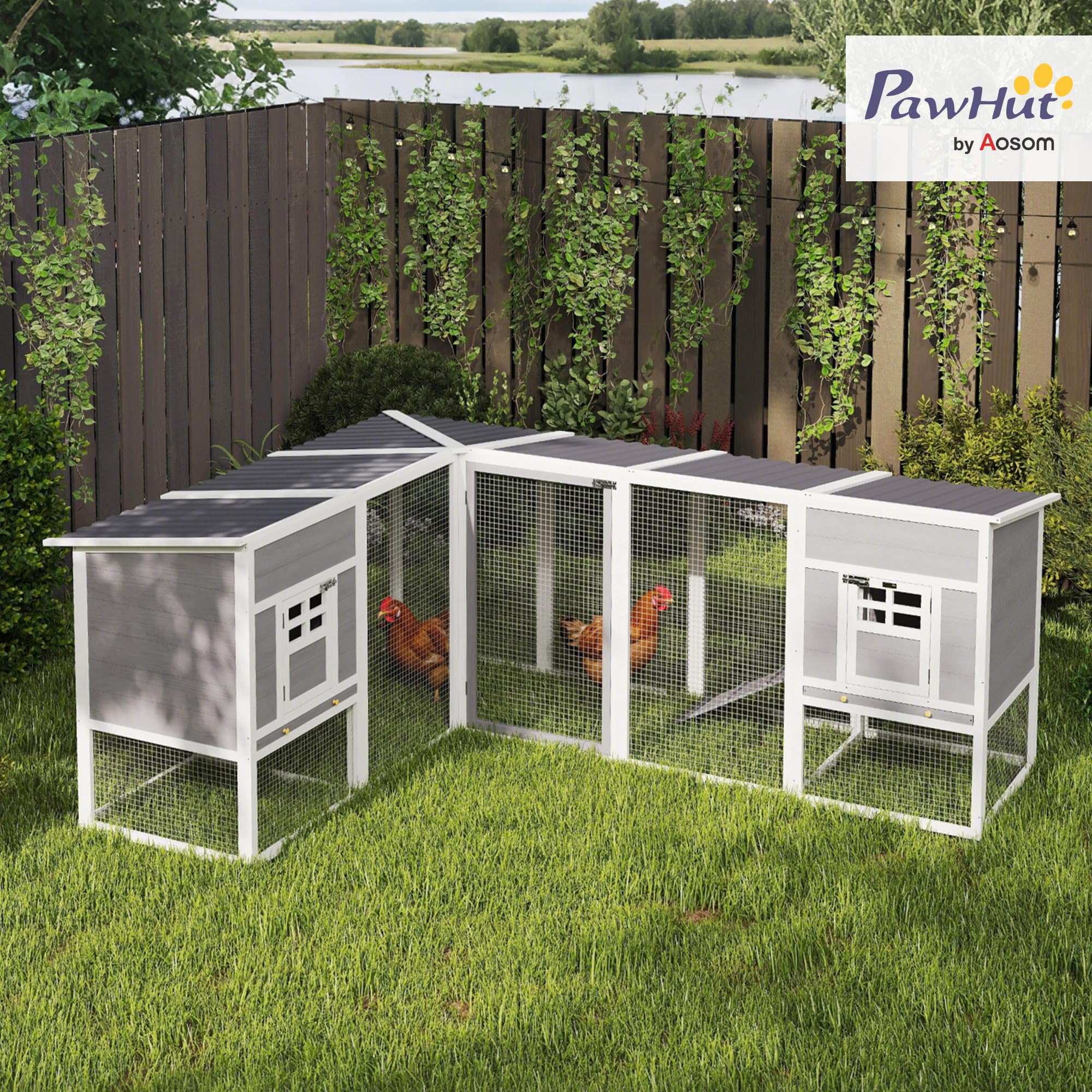 PawHut Pollaio in legno a forma d'angolo 99"L con recinto grigio | 2 case, pollaio esterno, tetto impermeabile, rampe, giardino