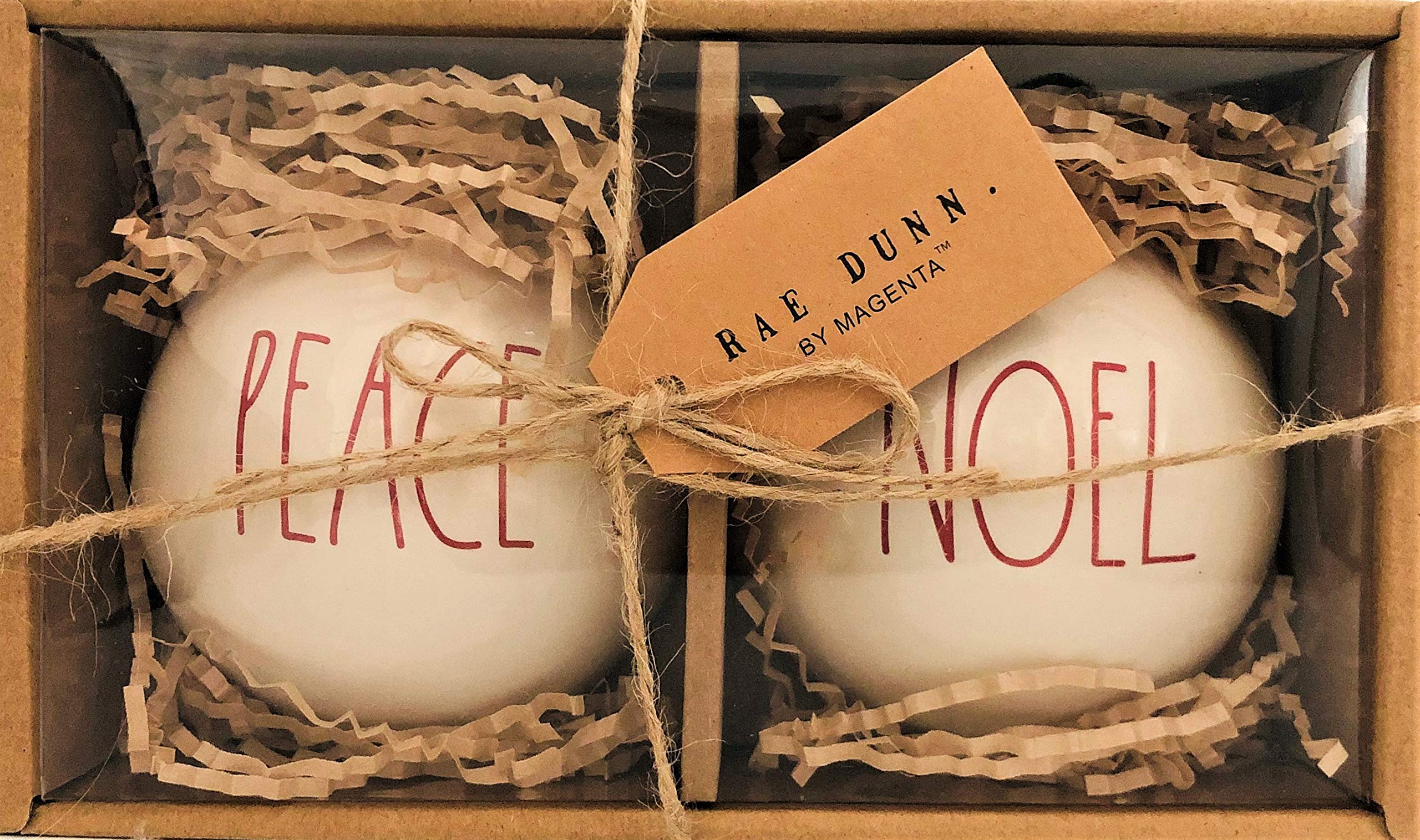 Rae Dunn Set of 2 White Ball Christmas Ornaments, Peace & Noel in Red Letters Ceramic Holiday Ornaments for Christmas Tree with Red Hanging Ribbon